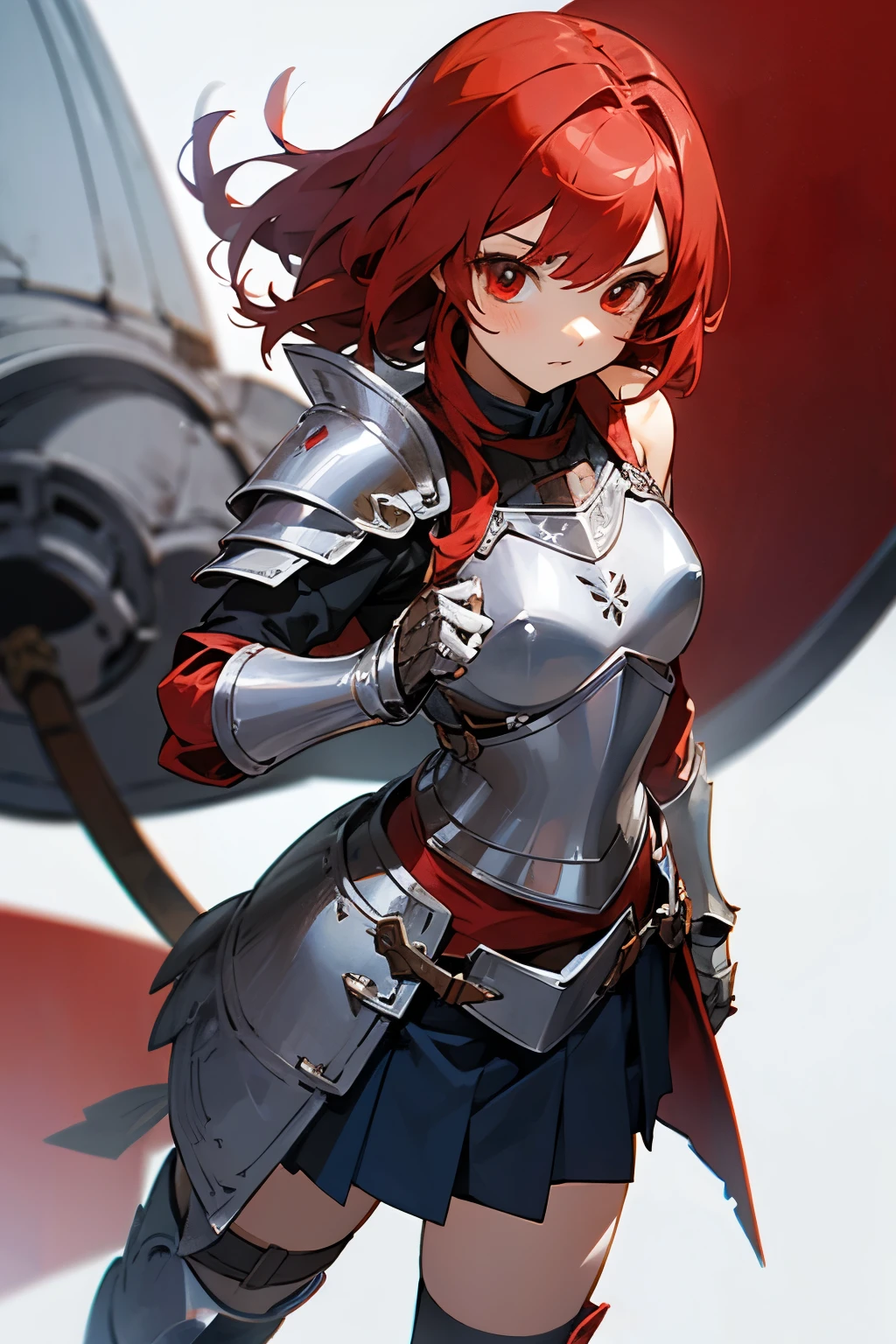 Cute girl, tied red hair, red eyes, silver knight armor, brown paws, exposed shoulders, short blue skirt 