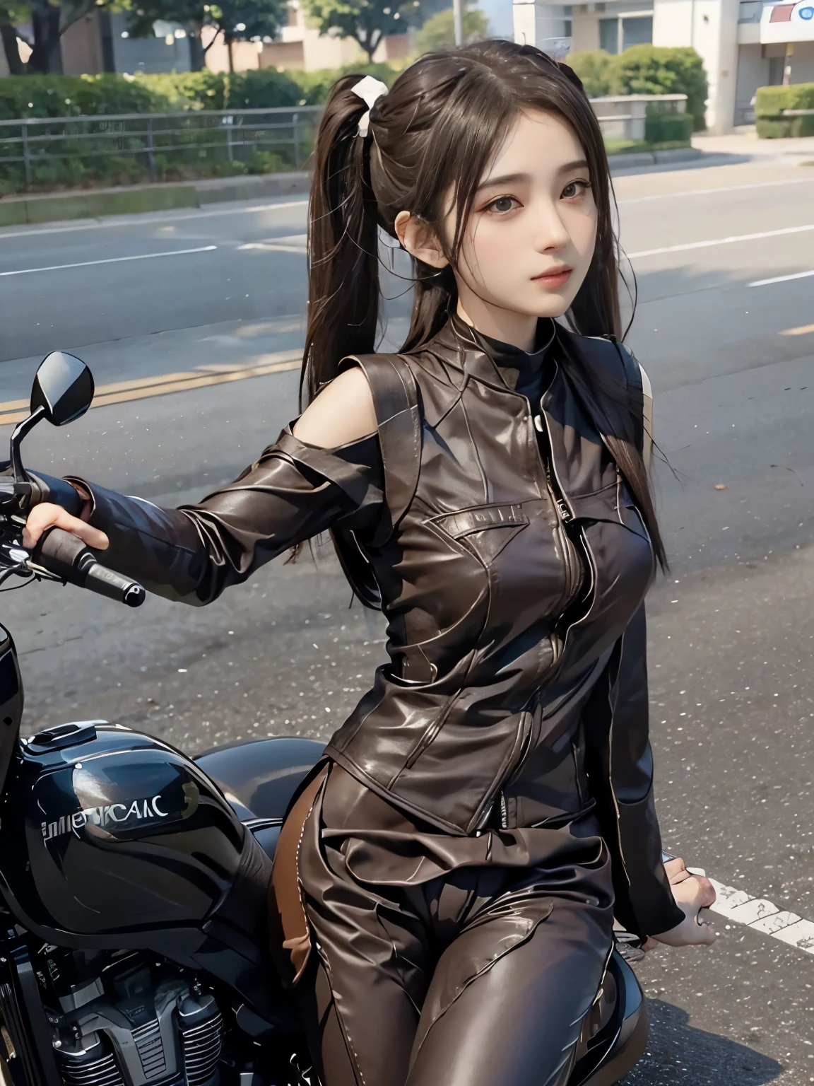  (realistic:1.5), 8k, Super delicate beauty, 1 girl, Complex motorcycle details, (short: 1.3), (highest quality: 1.0), (Super high sharpness: 1.0),（Beautiful and delicate depiction of eyes）,unreal engine:1.4, photorealistic:1.4, skin texture:1.4, masterpiece:1.8,highest quality、smile、long limbs、(((riding a motorcycle)))、(((Brown rider suit and long pants)))、(((twin tail hair)))