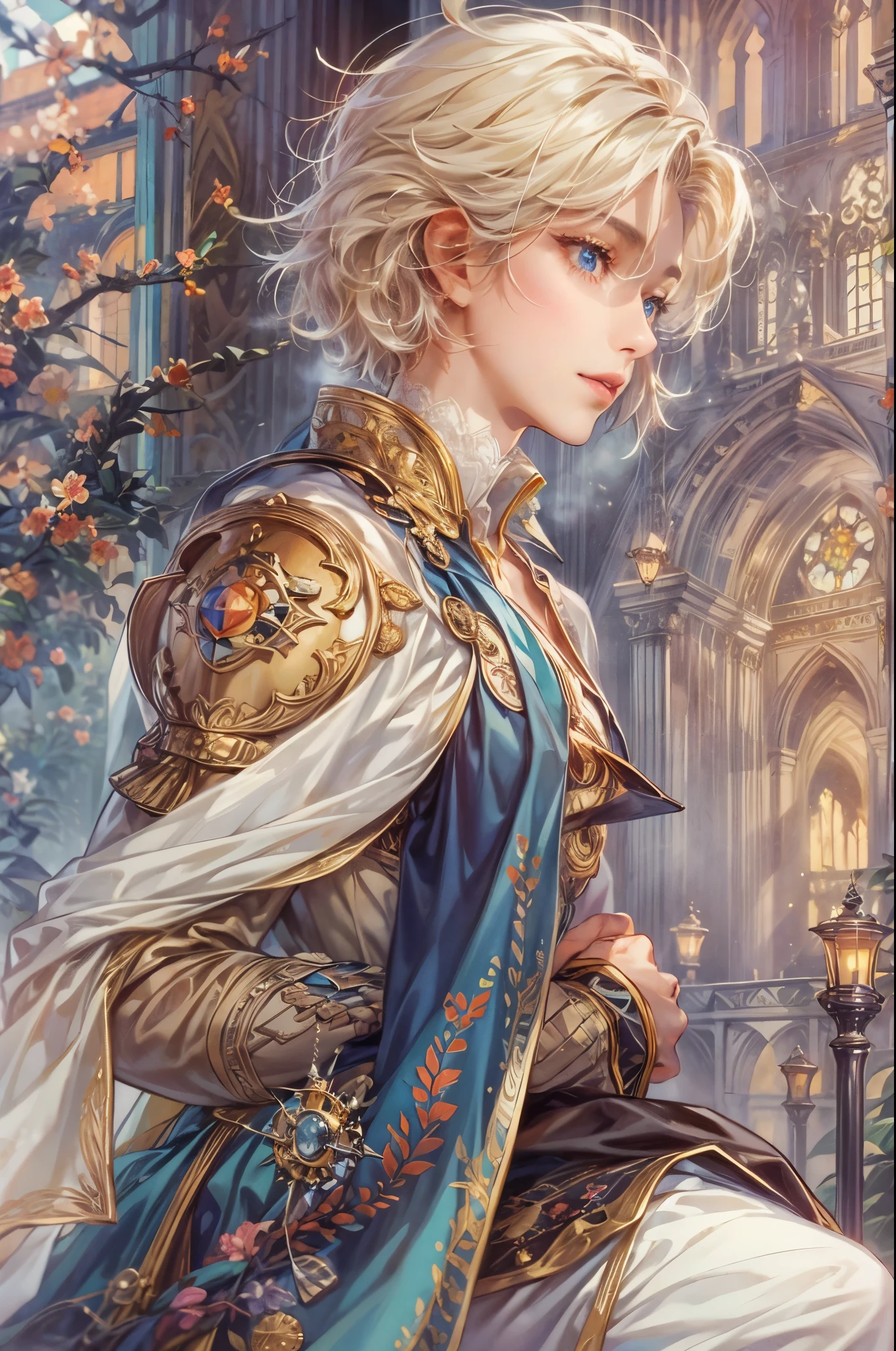 ((Best quality)), ((masterpiece)), (detailed), ((perfect face)), ((halfbody)) "Captivate the View: A Handsome Prince from Saga Frontier 2, Reflecting on Life's Transitions being rich but now having simple life sitting beside from His Comfortable Window Perch of the cathedral"