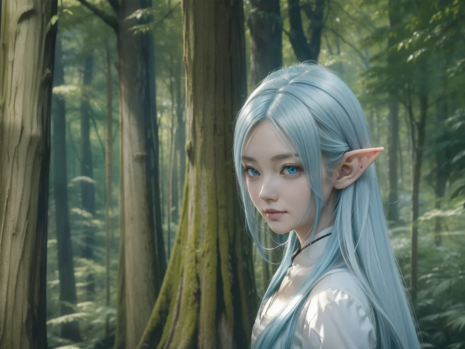 anime girl with long white hair and blue eyes in a forest, today's featured anime still, anime visual of a young woman, elven character with smirk, in the anime film, screenshot from the anime film, anime film still, elf girl, still from anime, anime visual of a cute girl, a portrait of an elf, high quality anime movie still