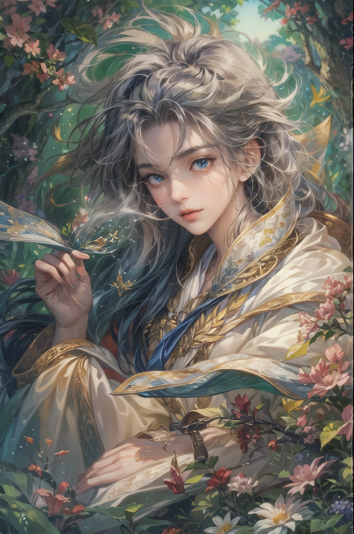 ((Best quality)), ((masterpiece)), (detailed), ((perfect face)), ((halfbody)) Amidst a tranquil slumps, a handsome young character from saga frontier 2, resides in a cozy home, where he channels his creative energy into capturing the enchanting harmony between nature and his inner world. As day turns to night, the moonlight envelops his canvas, revealing a breathtaking masterpiece that embodies the essence of his soul's journey and the beauty he discovers within himself."
