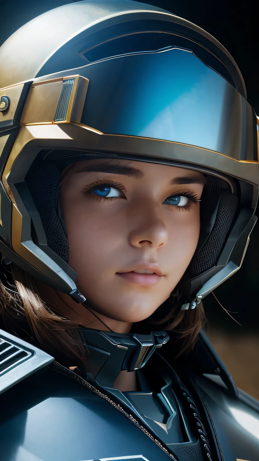 masterpiece,  最high quality, , (alone), 1 girl, look up, dim light, , horizon_(apex legend), goggles, blue eyes, brown hair, gauntlet, shoulder armor,  (Mecha Helmet), (science_fiction), outdoors, street, neon light, cyber punk, masterpiece, 最high quality, high quality, High resolution, (((close up of face)))