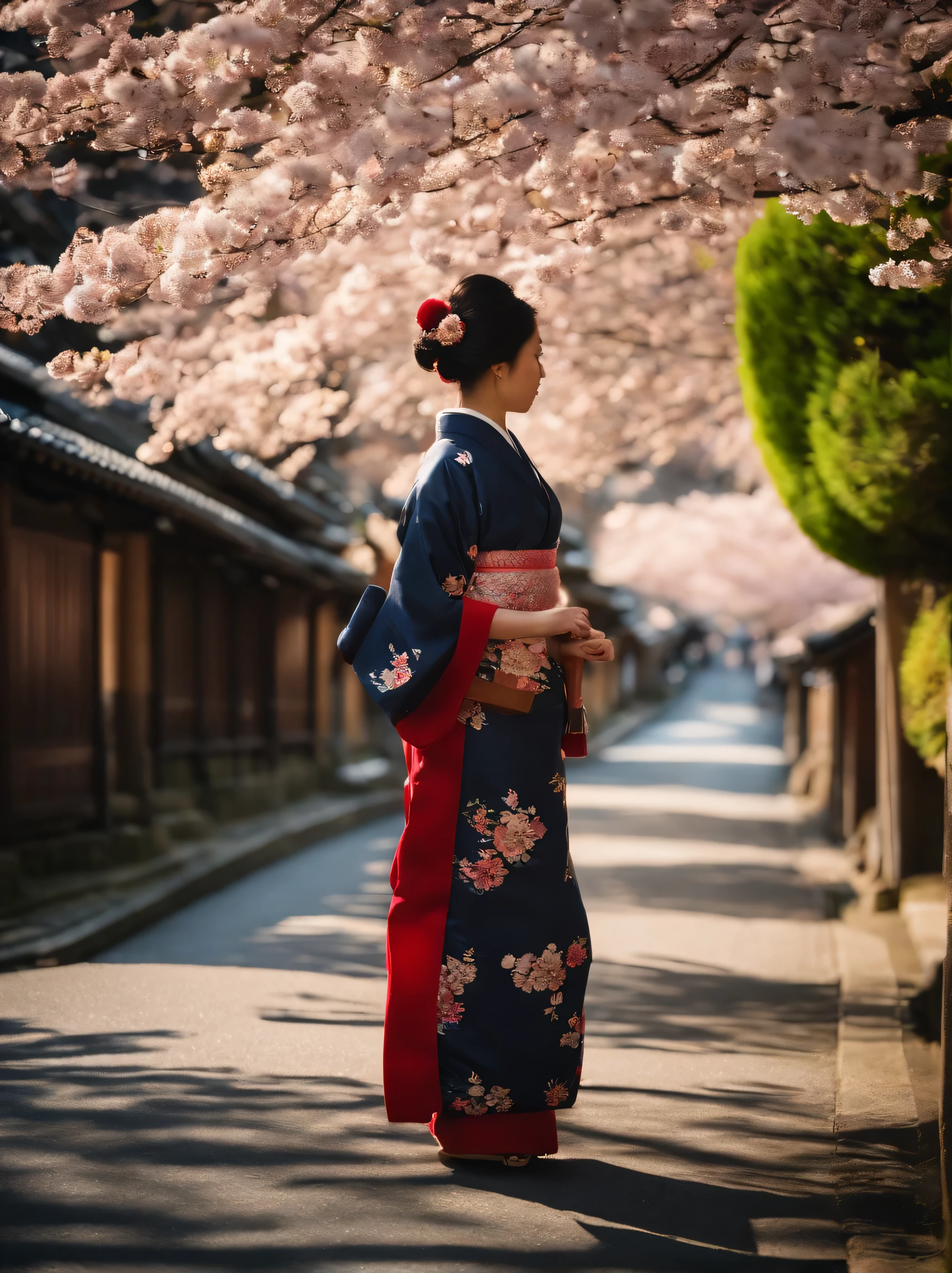 On the streets of Kyoto during the shogunate era，The roadside is full of cherry blossoms，On the bluestone road，There is a Japanese girl，wearing kimono，light from the side，early morning，warm tones