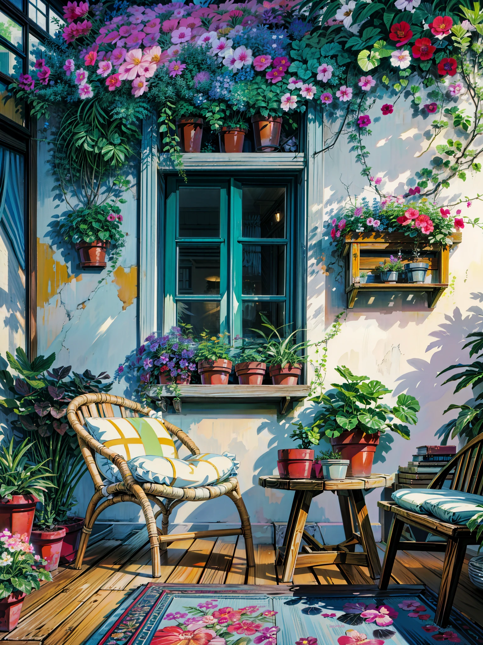 a painting of a patio with a table, chairs, and potted plants, beautiful terrace, cute style garden, flowery cottage, beatiful house, with colorful flowers and plants, beautiful garden, green terrace, lush chic garden, lush flowery outdoors, outdoor design, window with flower box, plants on balconies, floral environment, beautiful plants, realistic garden, relaxing environment, 4k hd,, beautiful art uhd 4 k, a beautiful artwork illustration, beautiful digital painting, highly detailed digital painting, beautiful digital artwork, detailed painting 4 k, very detailed digital painting, rich picturesque colors, gorgeous digital painting, no human