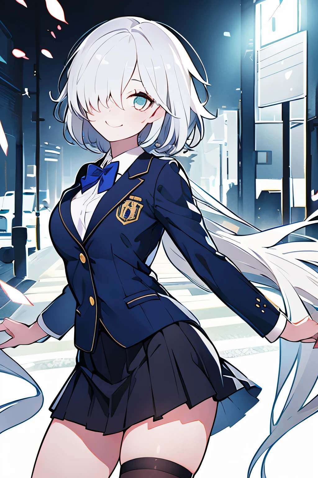 ((best quality)), ((work of art)), (detailed), perfect face, white_hair ((covering one eye)), smiling, blue_eye, tilted forward, arms behind the back, school clothes, black blazer, thigh-length skirt, hands hidden, better quality, detalhed.