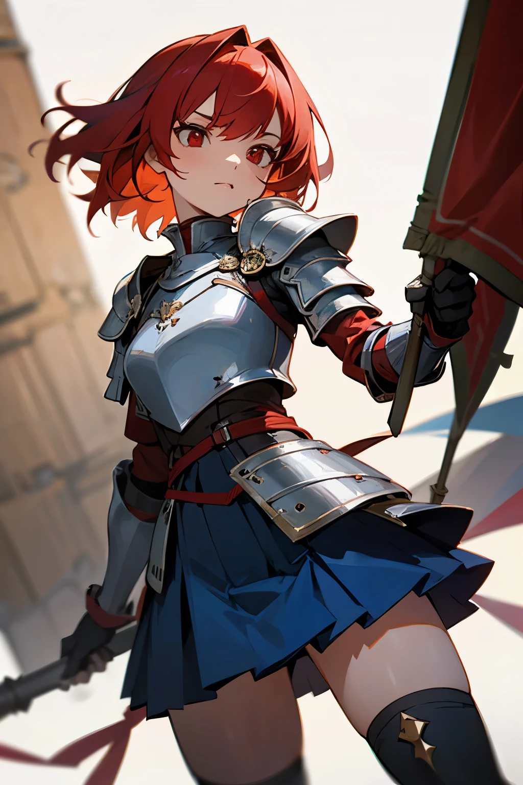 Cute girl, tied red hair, red eyes, silver knight armor, brown paws, exposed shoulders, short blue skirt 