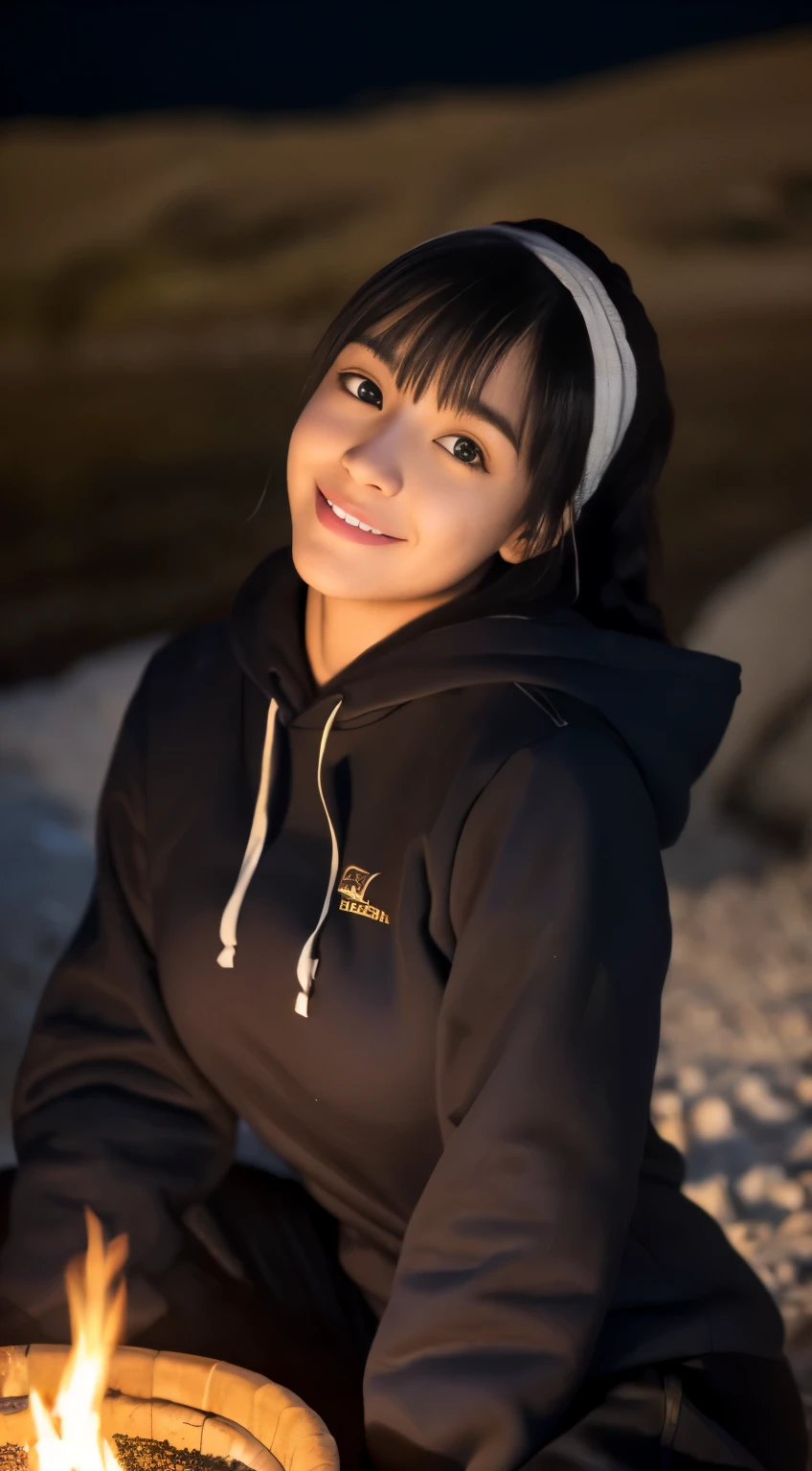 (highest quality,8k,masterpiece:1.3,),(ultra high resolution,Photoreal:1.4,RAW photo),(Super detailed,shiny skin,delicate skin),(detailed face,perfect anatomy,Coasty Cake making a bonfire in the mountains),sitting behind the bonfire,cute,18-year-old,Japanese,Japanese ID,smile,look at the camera,black haired,short ponytail,big breasts,(hooded hoodie),long pants,the night deepens,starry sky,(light a bonfire),(bonfire focal point),Low - Angle,
