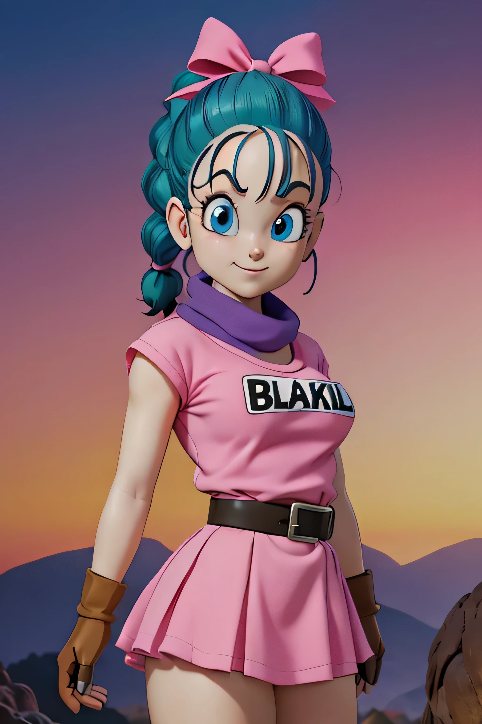 masterpiece, best quality, high resolution, dragon ball, blmpony, aqua hair, hair ribbon, braided ponytail, pink shirt, belt, scarf, pink skirt, clothes writing, brown gloves, medium breasts, in back pose, back wards looking camera, smile, show her booty, show ass, ultra mini dress,Anime,bulma (WIND LIFTING HER SKIRT) (detailed:1.3), ultra high res, ultra detailed, Highly detailed face and skin texture, detailed eyes ( FULL BODY) 1girl.