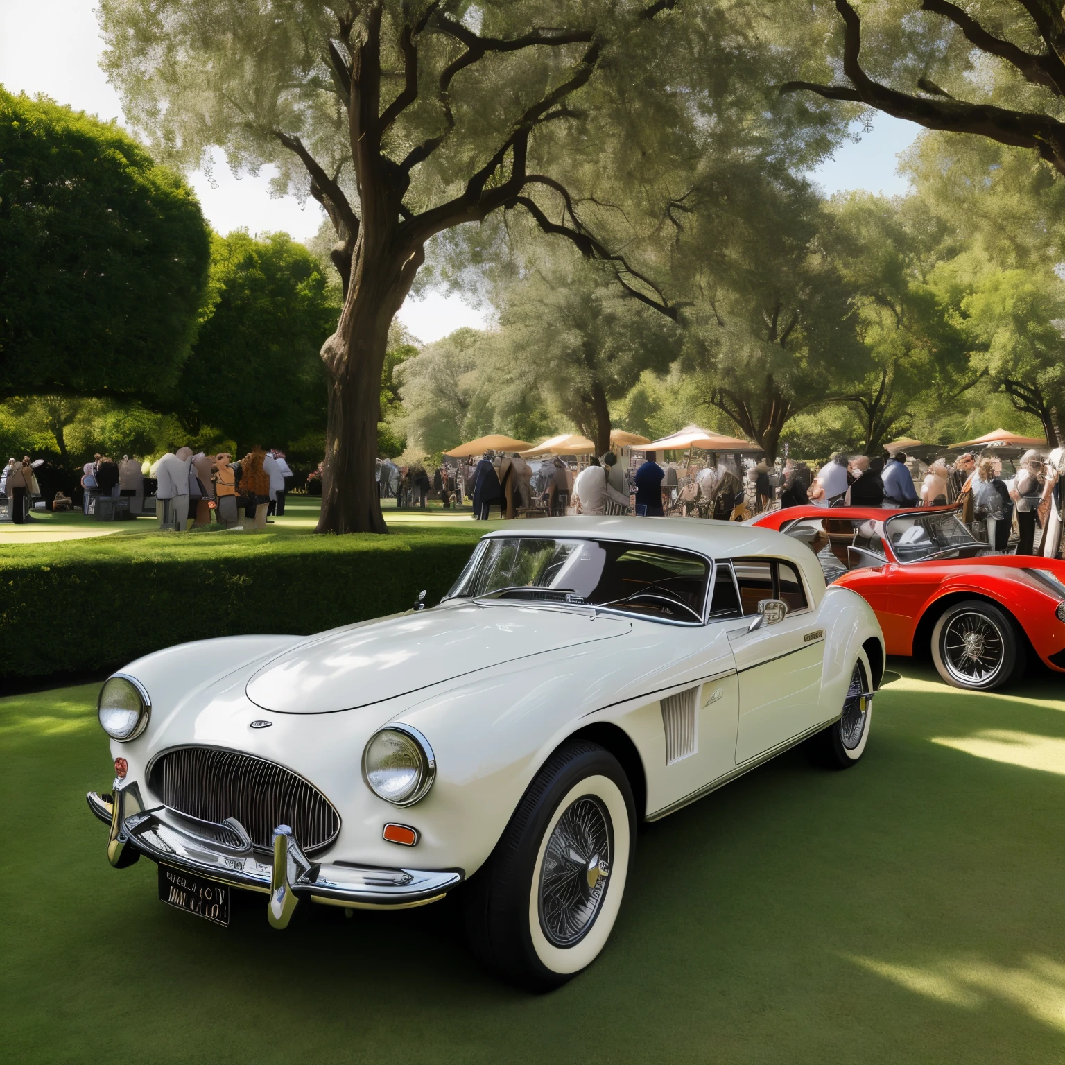 Create an image of several classic cars displayed in a concours d'elegance in an elegant historic garden, rodeados de exuberantes paisajes y arquitectura impresionante. Enfoca los autos en el centro de la imagen, capturing its timeless beauty and the refined atmosphere of the event.