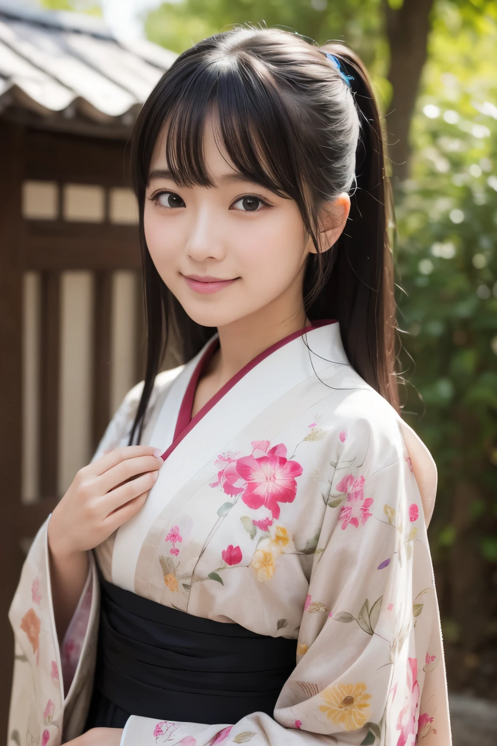 (kimono)、Random pose、(top quality,Masterpiece:1.3,ultra high resolution,),(super detailed,Caustics),(realism:1.4,Original photography,)Ultra-realistic capture,a very detailed,High resolution 16K close-up of human skin、 natural skin texture、、Skin looks healthy and even-toned、 Use natural light and color,1 girl,Japanese,kawaii,A black-haired one,Zhongfa,,Smile,,(depth of field、Color difference、、Wide lighting range、natural shadow、)、Half-length photo