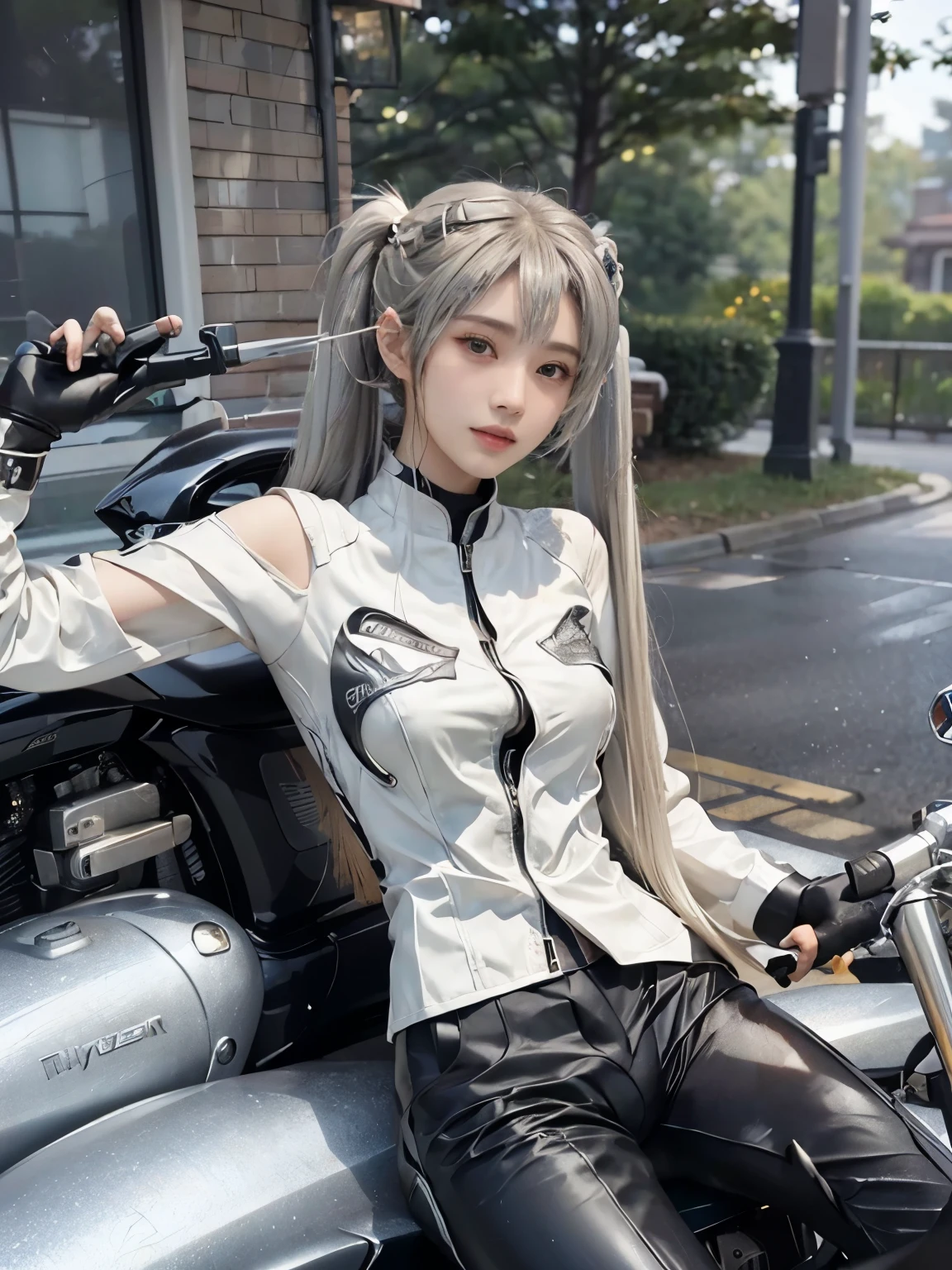  (realistic:1.5), 8k, Super delicate beauty, 1 girl, Complex motorcycle details, (short: 1.3), (highest quality: 1.0), (Super high sharpness: 1.0),（Beautiful and delicate depiction of eyes）,unreal engine:1.4, photorealistic:1.4, skin texture:1.4, masterpiece:1.8,highest quality、smile、long limbs、(((riding a motorcycle)))、(((Silver rider suit and long pants)))、(((twin tail hair)))