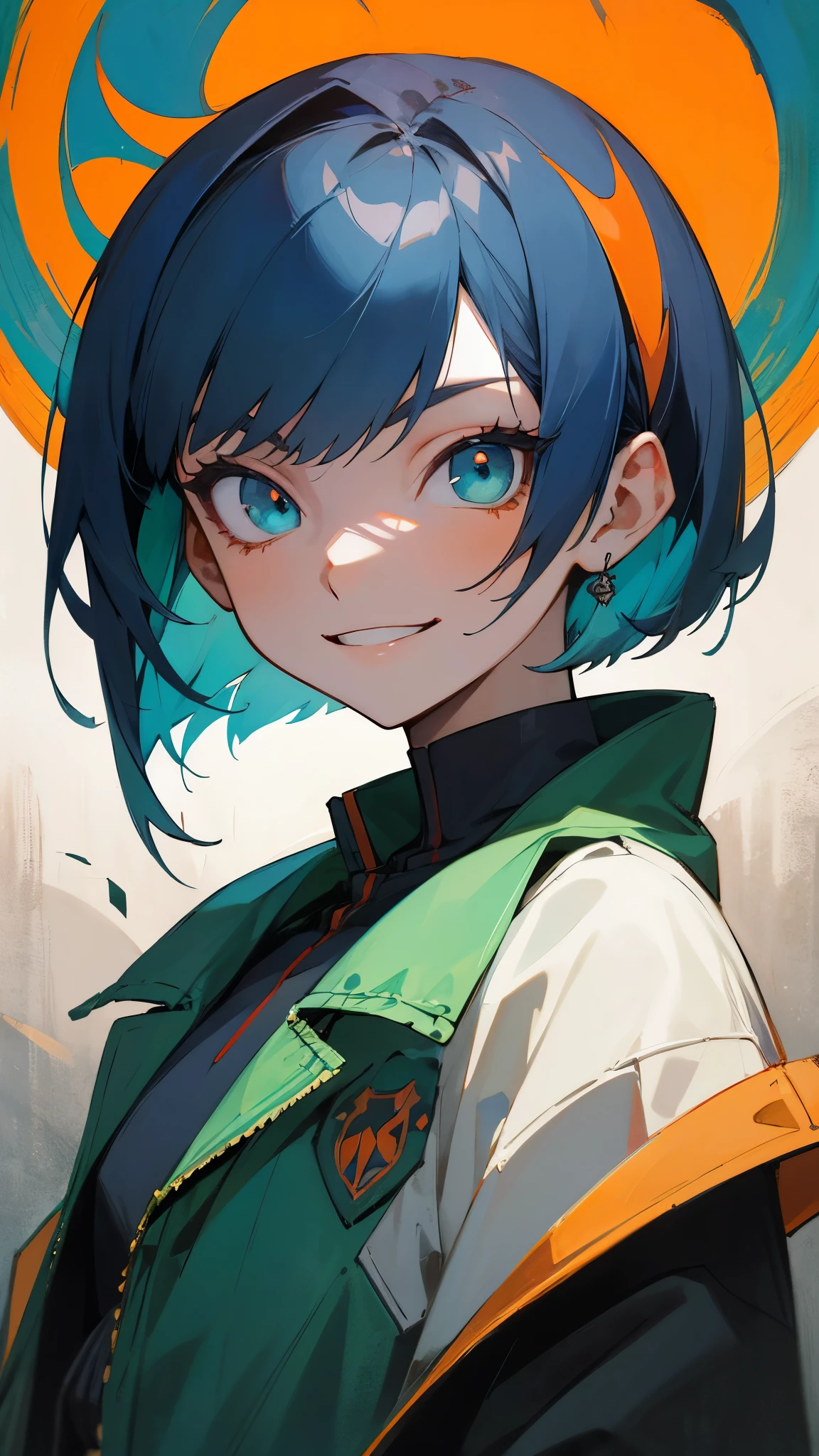 Portrait of one person、 girl、riders jacket、dark blue hair、bob hair、green round eyes、evil smile、Blue and orange tones、anime painting