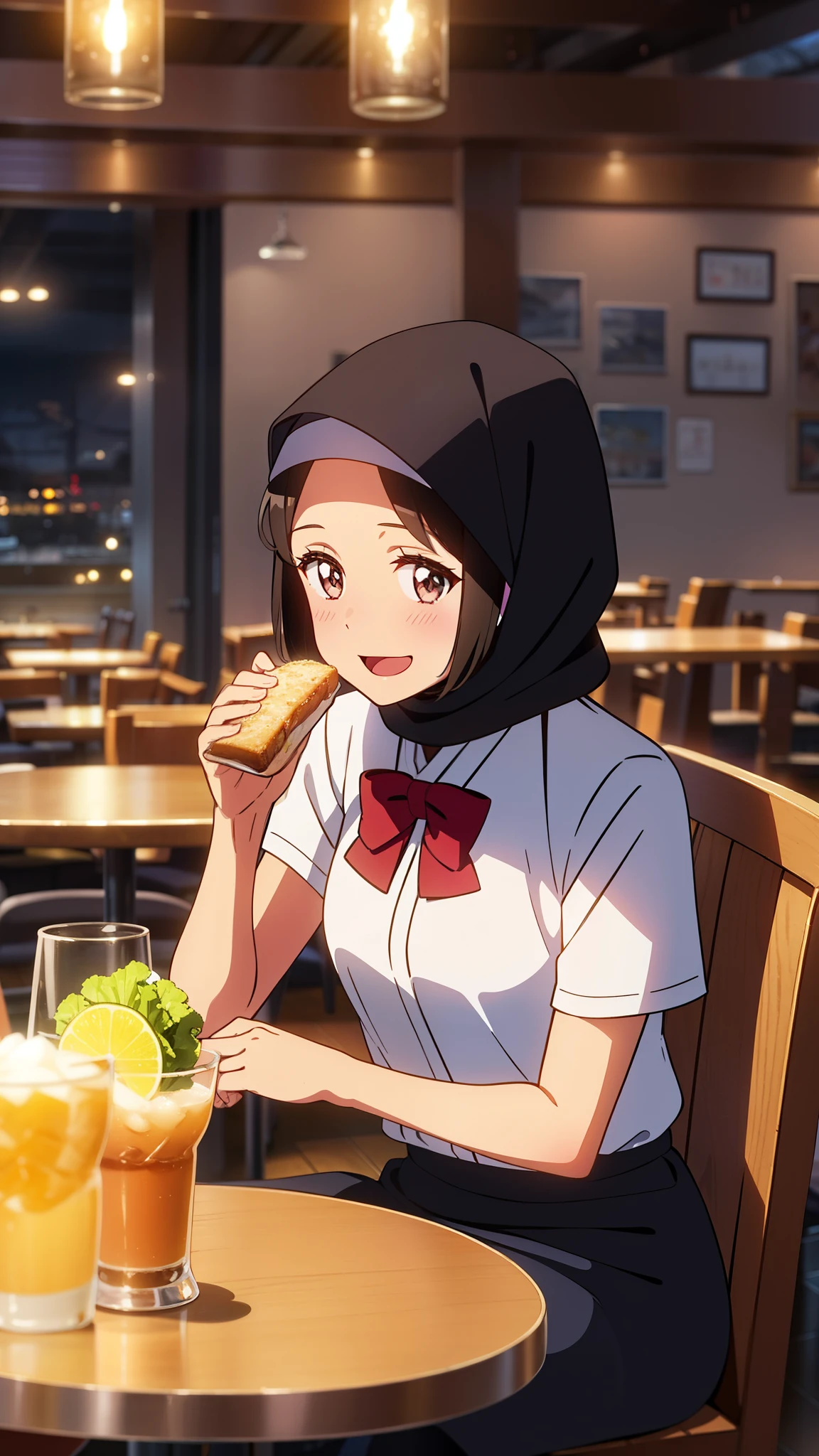 shinkai makoto, kimi no na wa., 1girl, bangs, black hair, short hair, ((wearing islamic hijab)), blush, bright eyes, brown eyes, red bow, smile, cute, open mouth, :D, beautiful, shiny skin, solo, looking at the viewer, shirt, white shirt, short sleeves, black skirt, long skirt, evening, sunset, cloudy, dynamic lights, indoors, restaurant, resto, cafe, foods and drinks, table and chair, sitting, eating, drinking