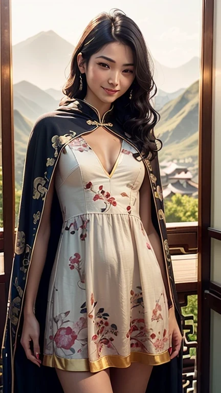 ((best quality: 1.5)) ((masterpiece: 0.8)), intricate details, sharp focus, professional, photorealistic, real life, realistic representation of the face, ((((solo, 1girl) muscular assassin, golden hour, (indian, smiling, god rays, [flat chest:medium breasts:0.6])))) dynamic action pose, homely face, in the style of realistic and hyper detailed renderings, mountain top, evening, setting sun, solo, BREAK; BREAK (((black wavy hair))), (blemish: 0.7), ((fujicolor)), BREAK; BREAK ((((looking down, (chinoiserie summer dress), cloak)), photorealistic, hyper-realistic))