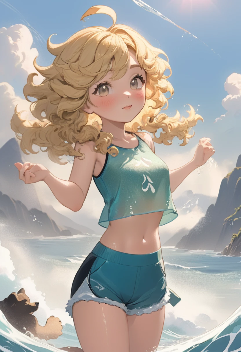 (best quality, masterpiece), 1 girl, paw pose, 微lol, lol, ocean, crop top, shorts, blonde, freckle, blush, looking at the audience, curls, cloud, splash, wave, sun, Mountain, wet