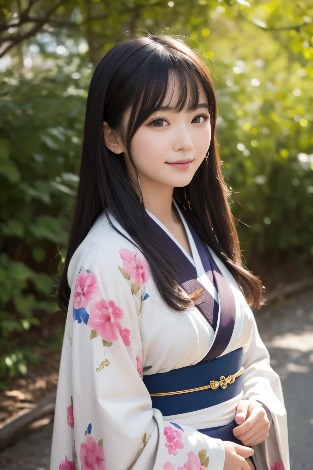 (kimono)、Random pose、(top quality,Masterpiece:1.3,ultra high resolution,),(super detailed,Caustics),(realism:1.4,Original photography,)Ultra-realistic capture,a very detailed,High resolution 16K close-up of human skin、 natural skin texture、、Skin looks healthy and even-toned、 Use natural light and color,1 girl,Japanese,kawaii,A black-haired one,Zhongfa,,Smile,,(depth of field、Color difference、、Wide lighting range、natural shadow、)、Half-length photo