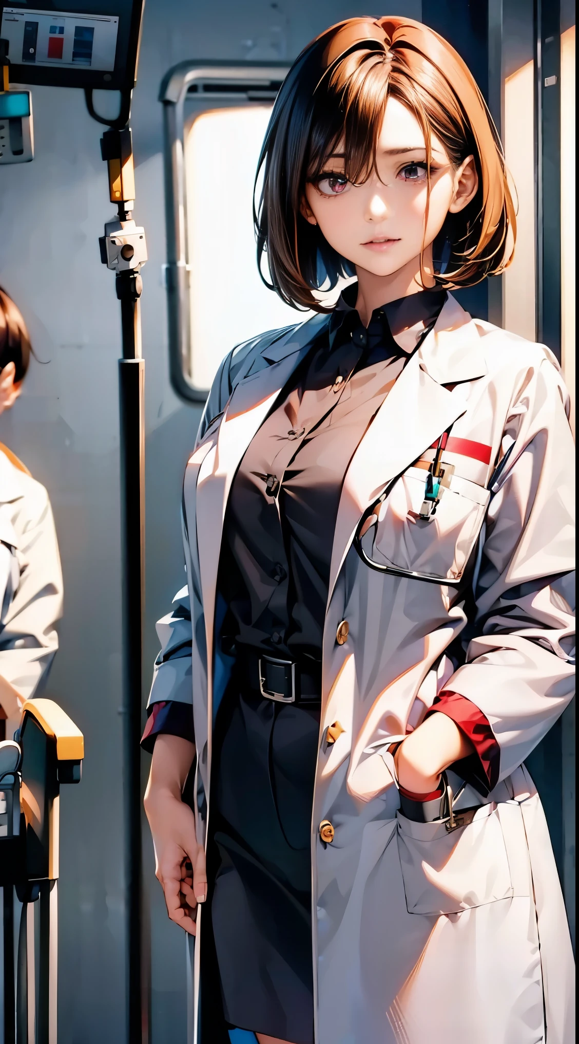 ((１people&#39;s women:1.4)), realistic beautiful doctor、amazingly beautiful、((doctor&#39;s white coat:1.8, collared shirt))、(highest quality、8k、32K、masterpiece、nfsw:1.3)、超A high resolution,(Photoreal:1.4),RAW photo, detailed face,,beautiful hair, ((doctor style)), , black tight skirt、 natural makeup,, big and full breasts、(hospital:1.9), detailed background, perfect lighting, Depth of written boundary, beautiful shadow gradation,Stethoscope:1.7, ((strong shining eyes:1.6)), While tying your hair:1.4, ((medium bob:1.6, brown hair))