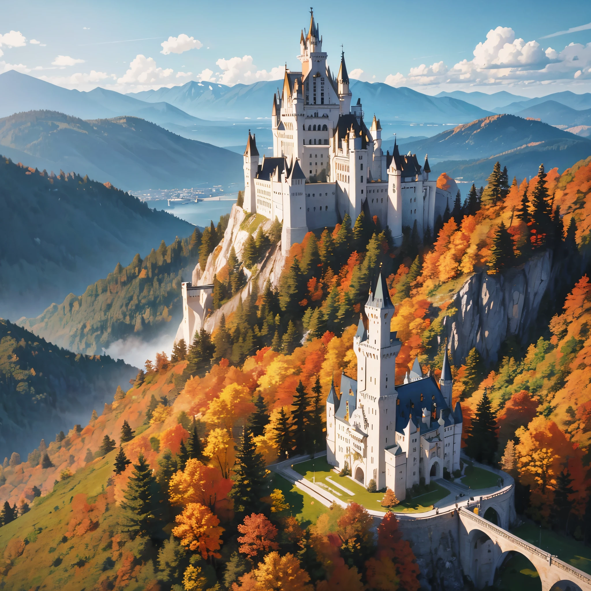 Neuschwanstein Castle, with a forest around it, in an autumn theme.