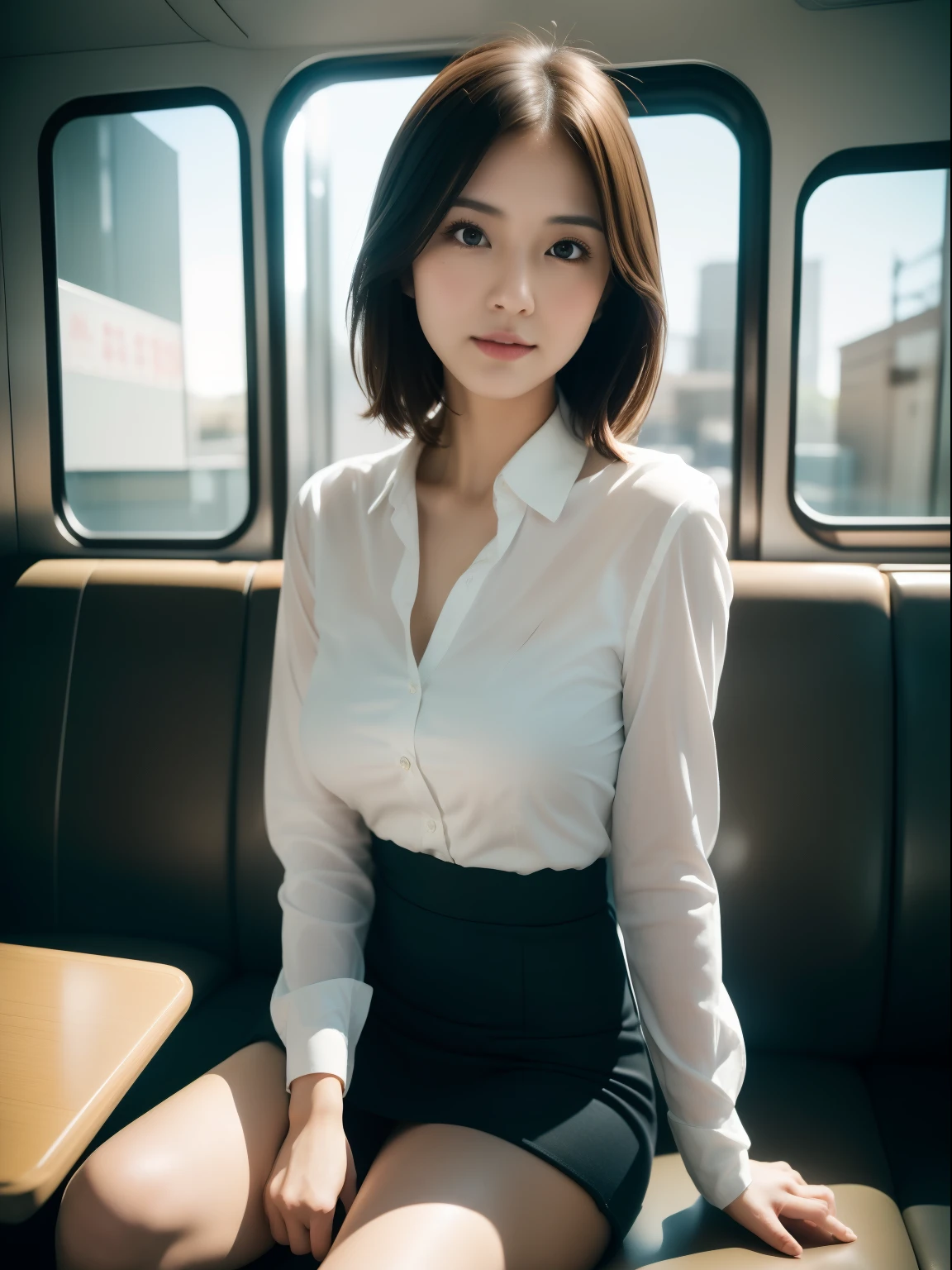 ((Best quality, 8k, Masterpiece: 1.3, raw photo)), Sharp focus: 1.2, (1 AESPA girl: 1.1), (realistic, photo-realistic:1.37), face focus, cute face, small breasts, flat chested, brunette short messy hair, kindness, sitting in a train seat, white shirt, business skirt, sunlight, cinematic lighting