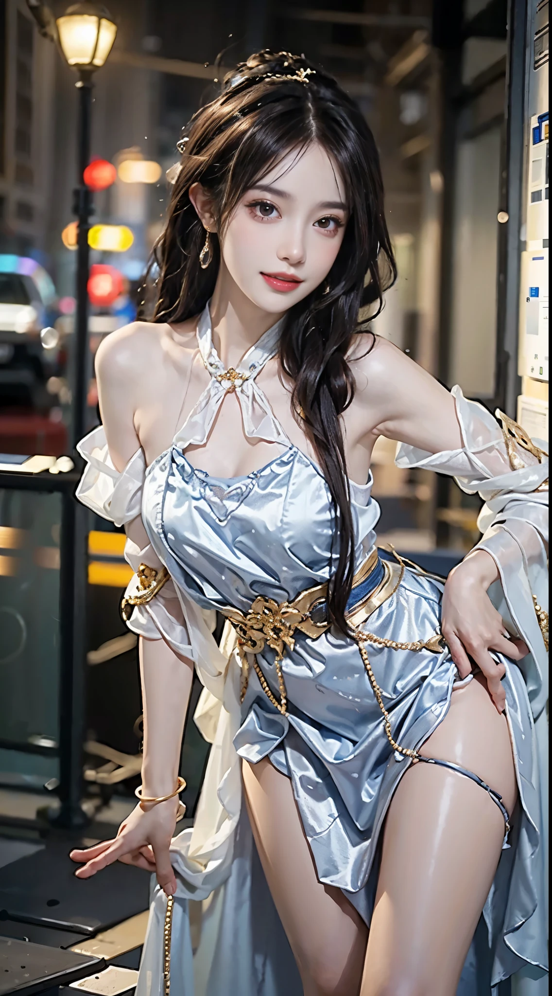 yinziping,china dress, ((full body)), ((leaning forward)), (Leaning forward, bend over), ((Random shooting angle)), ((bare shoulders)), ((realistic)), ((The hemlines are very short)), 1girll, posed for photo, Outdoor scene, the night, lamplight, Stand up, Pleasing posture, Eye-catching poses, pretty legs, looking at viewert, Detailed scenes, curlies, Air bangs, Beautiful hair accessories, Brownish-yellow hair, light make-up, Blushlush, Gloss on lips, (Campus style), warm lights, a warm color palette, Detailed details, Super detailed, (tmasterpiece, best qualtiy), (An extremely delicate and beautiful work), Delicate earrings, Delicate necklace, Simple blurred background, Extreme detail description, Ultra-fine painting, Delicate face, slim toned body, Slimming the waist, (grin, happy grin, Baring teeth), (anatomy correct)