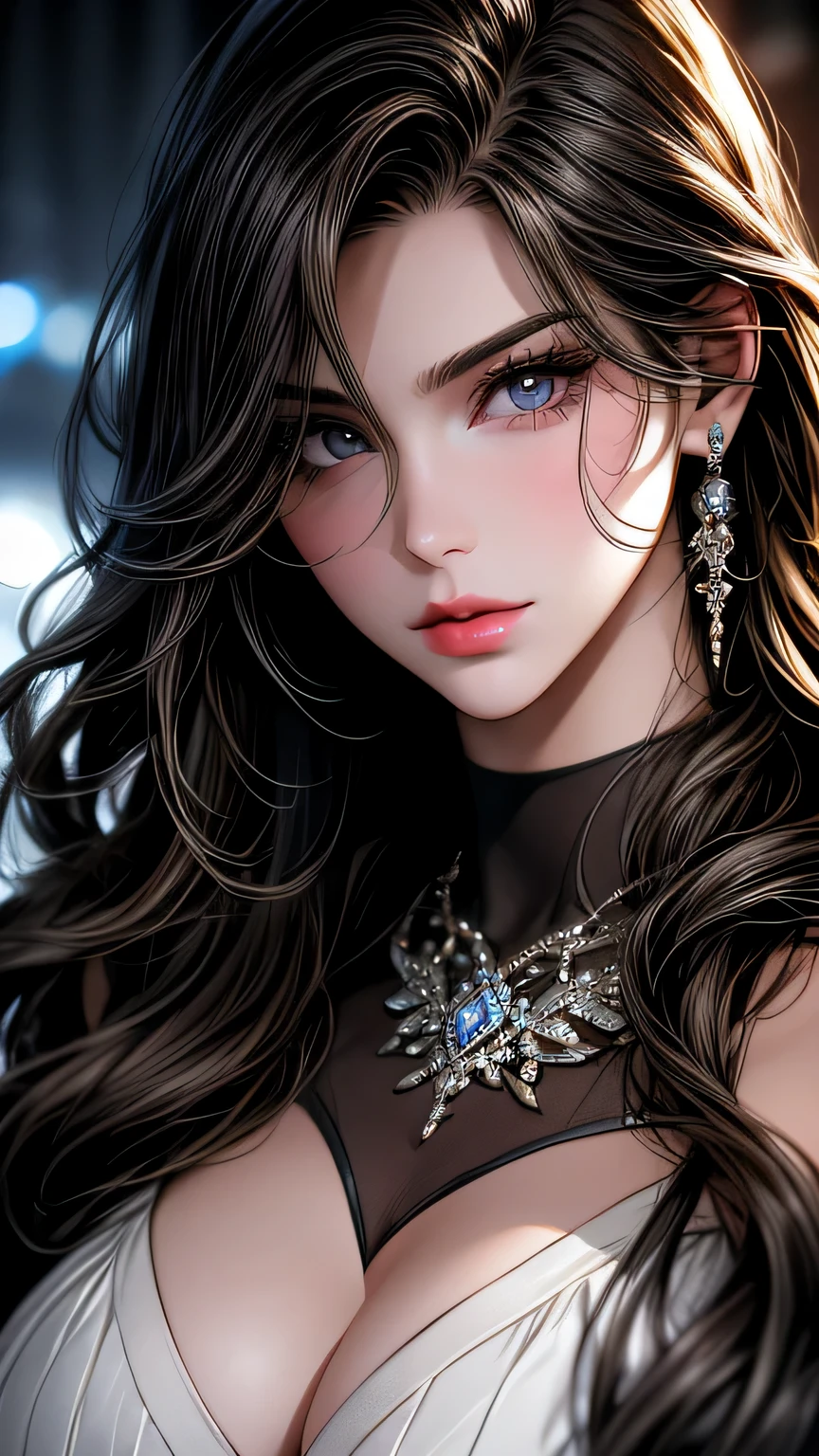 Photo of a 25 year old European girl posing, to be born, Beautiful woman, (super long wavy brown hair), ((portrait)), ((become familiar with face:1.2)), ((become familiar with facial features)), (finely become familiar with skin), white skin, (White short dress), cyberpunk metropolis environment, (cool coloroist, Moist, masterpiece of reflection) (perfect proportions)(realistic pictures)(highest quality) (become familiar with) , HDR, (8k) (wallpaper) (cinematic lighting) (dramatic lighting) (sharp focus) (Complex)､(((close up of face)))