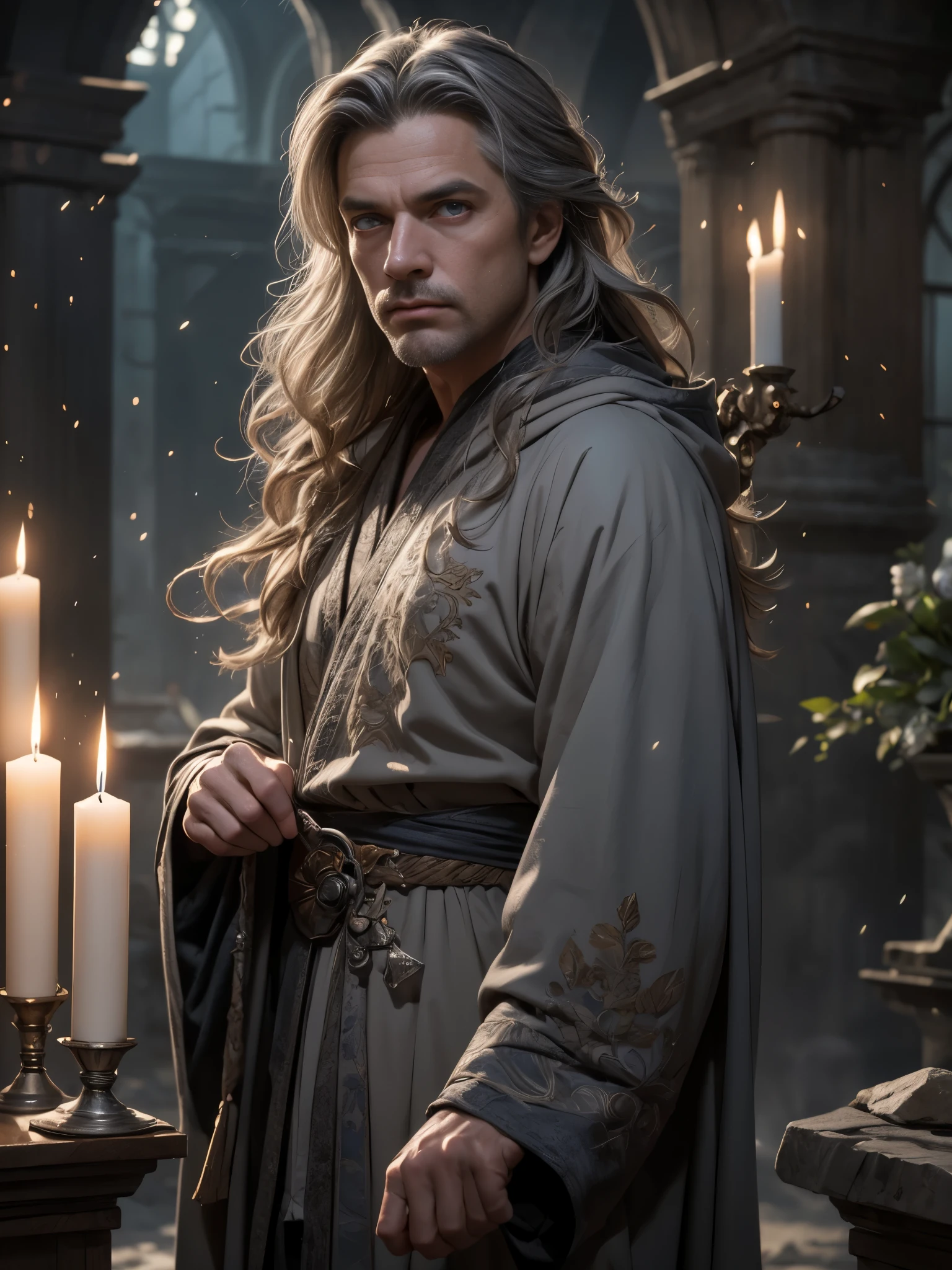 1 male, 60yo, old, elderly, long grey hair, blue eyes, tall, skinny, wearing grey wizard robes, ultra high resolution, detailed face, stone castle background, candlelit, particle effects, dynamic lighting, lights, volumetric light, realistic, intricate details, everything in razor sharp focus, solo, Photograph, masterwork, 12K, ultra-defined, intricate details, absurdres, hyper-detailed, dark fantasy, particle effects,