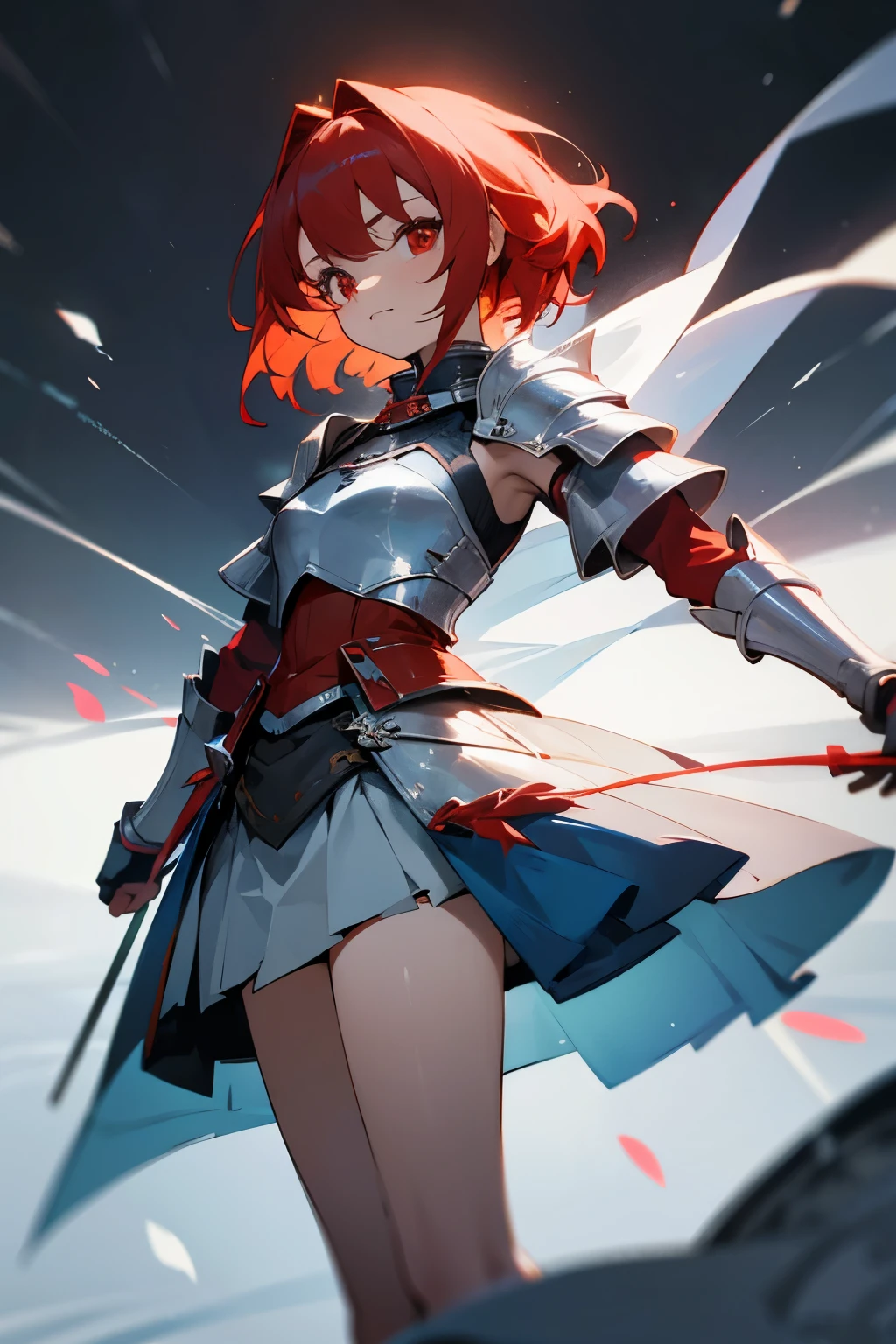 Cute girl, cold features, tied red hair, red eyes, wearing silver knight armor, brown paws, exposed shoulders, short blue skirt