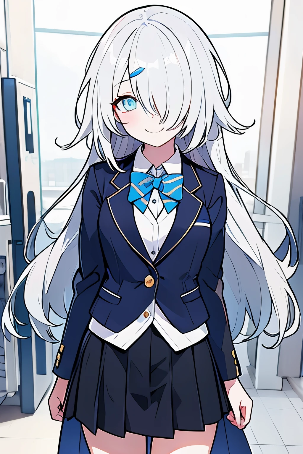 ((best quality)), ((work of art)), (detailed), perfect face, white_hair ((covering one eye)), smiling, blue_eye, tilted forward, arms behind the back, school clothes, black blazer, thigh-length skirt, hands hidden, better quality, detalhed.