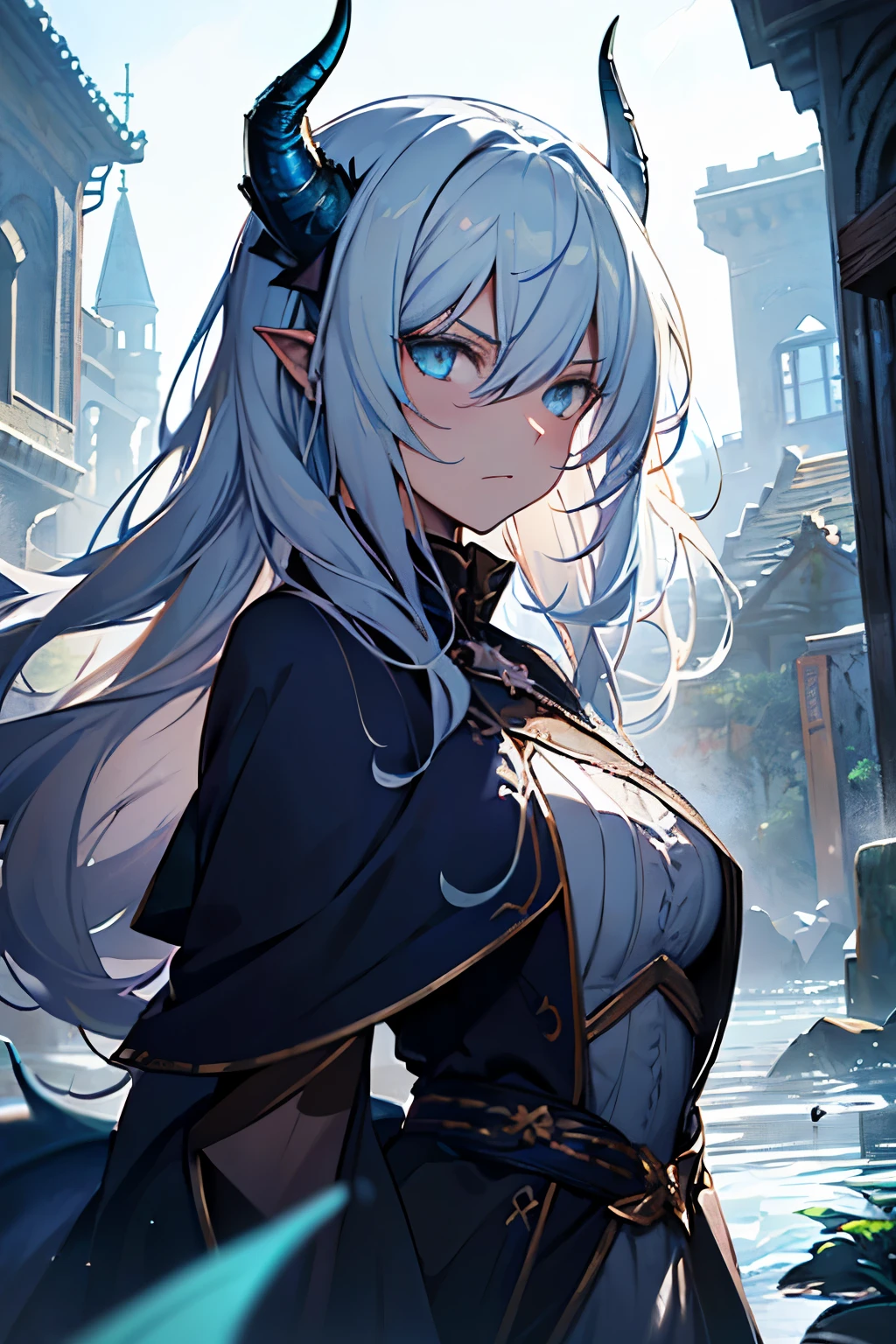 With white hair and Blue eyes,beautiful as a fairy,A melancholy expression that stirs affection,side face,floating hair,light particles,glare,vivid,fancy,dreamlike,a dim atomshpere, ((Dragon Girl)) (( Dragon Blue Horns)) ((Dark Fantasy)) ((Elden Ring)) ((Medieval clothes)) ((flat )) ((Serious/Ragy expression))