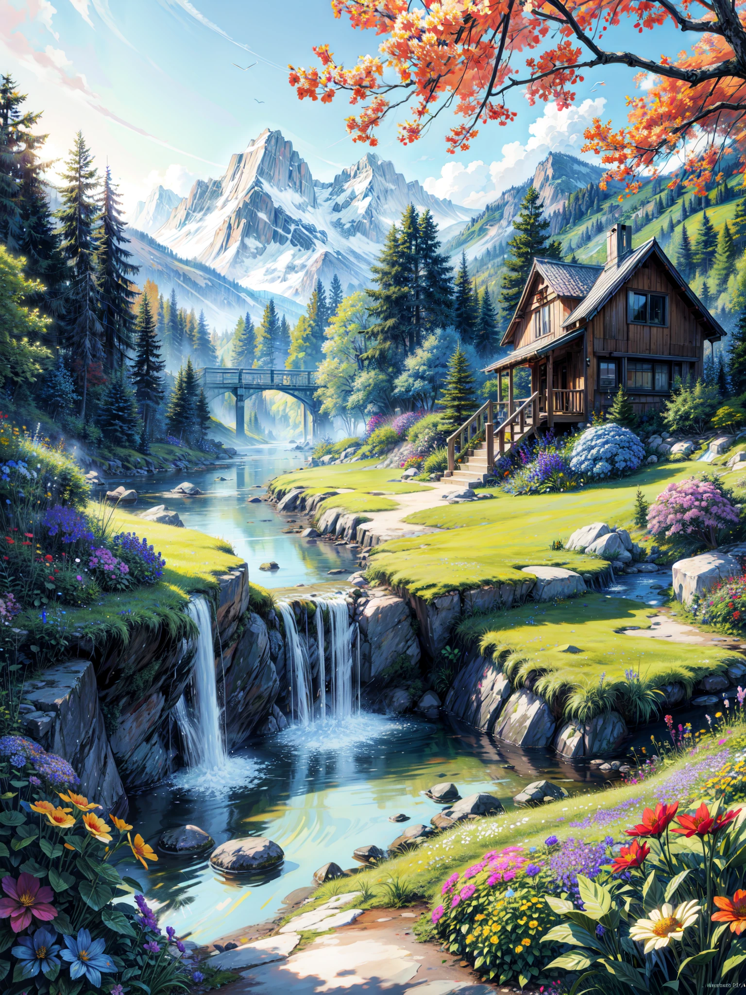 painting of a mountain garden paradise, beautiful scenery,bushes, ((colorful flowers:1.2)), sunlight over grass and flowers, dew, ((glistening look)), ((blue)) color stream water,waterwheel,dusk,waterfall,4k hd, cloud,beautiful art uhd 4 k, a beautiful artwork illustration, beautiful digital painting, highly detailed digital painting, beautiful digital artwork, detailed painting 4 k, very detailed digital painting, rich picturesque colors, gorgeous digital painting