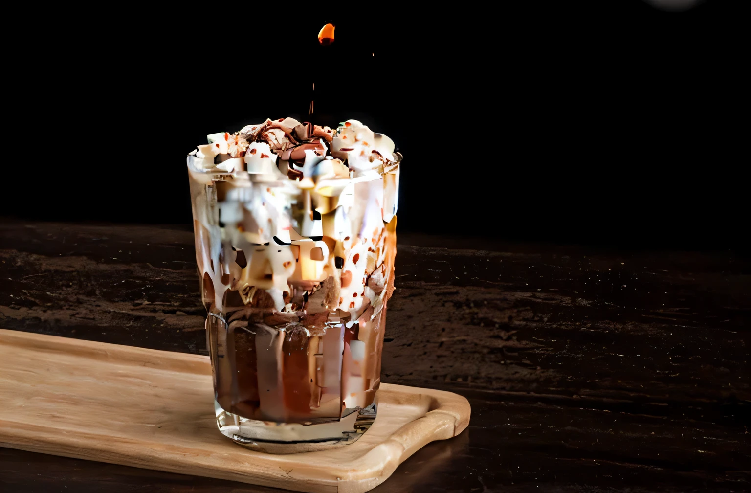there is a chocolate milkshake with a spoon and a spoon in it, Iced Latte, iced coffee, cold brew coffee ), caramel, vanilla smoothie explosion, short, milkshake, portrait shooting, slimy, milk, author:Matthias Koros, on black background, hot cocoa drink, mid riff, by Jan Rustem, describe, spilled coffee