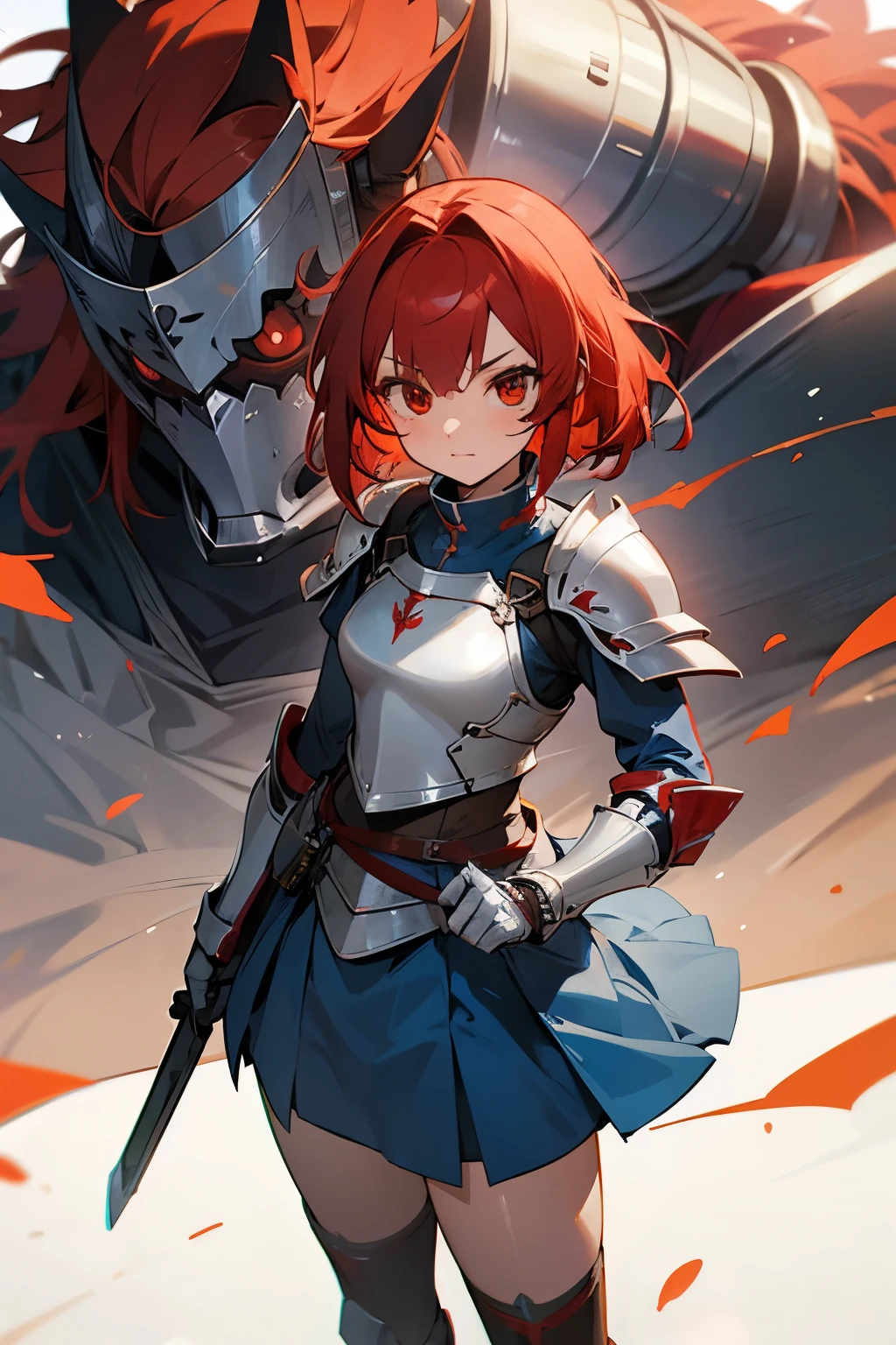 Cute girl, cold features, tied red hair, red eyes, wearing silver knight armor, brown paws, exposed shoulders, short blue skirt