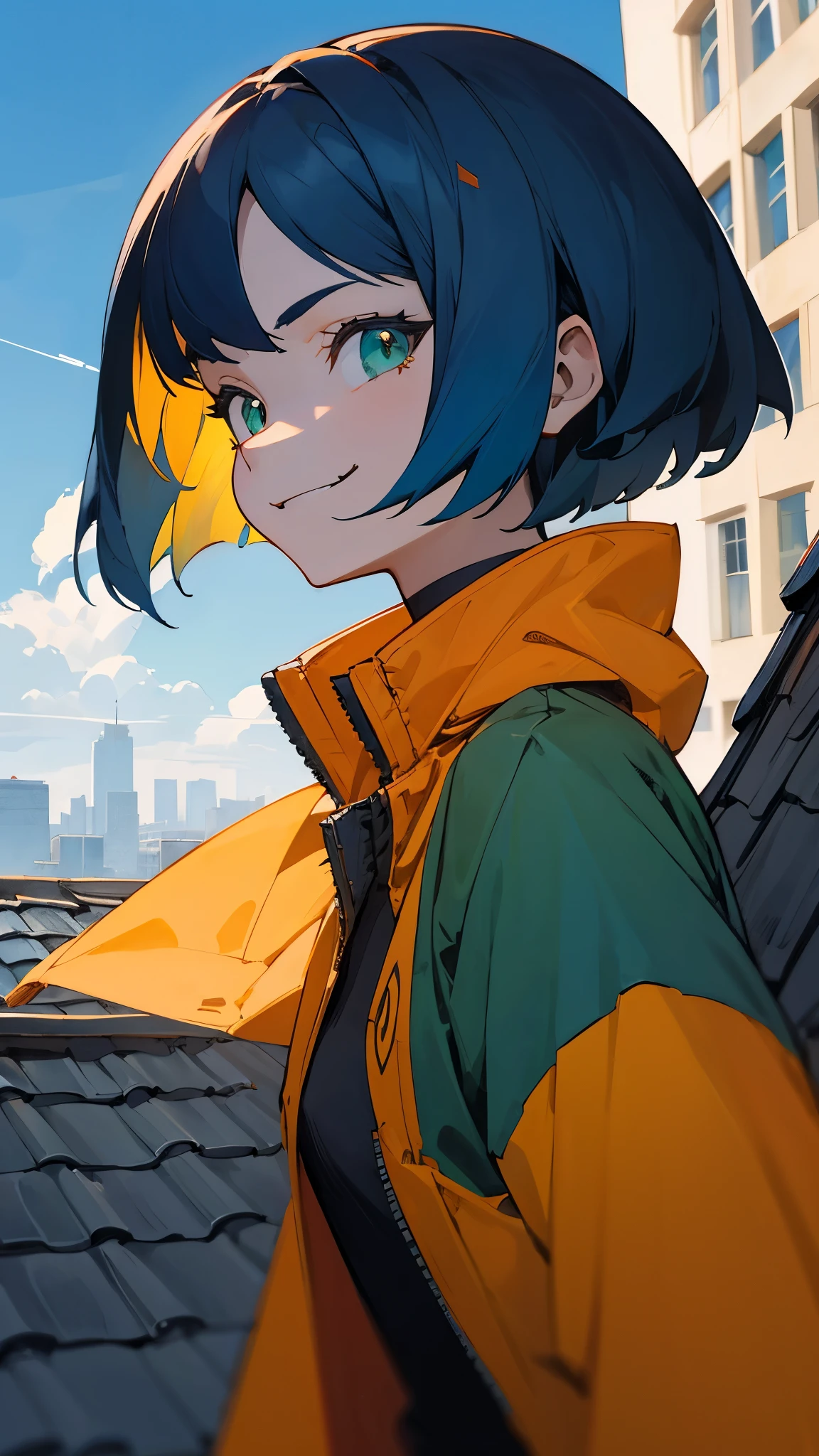 16 year old girl、riders jacket、dark blue hair、bob hair、green round eyes、evil smile、Blue and orange tones、anime painting、From the side、evil smile、building rooftop、blue sky、upper body close-up、sharp outline