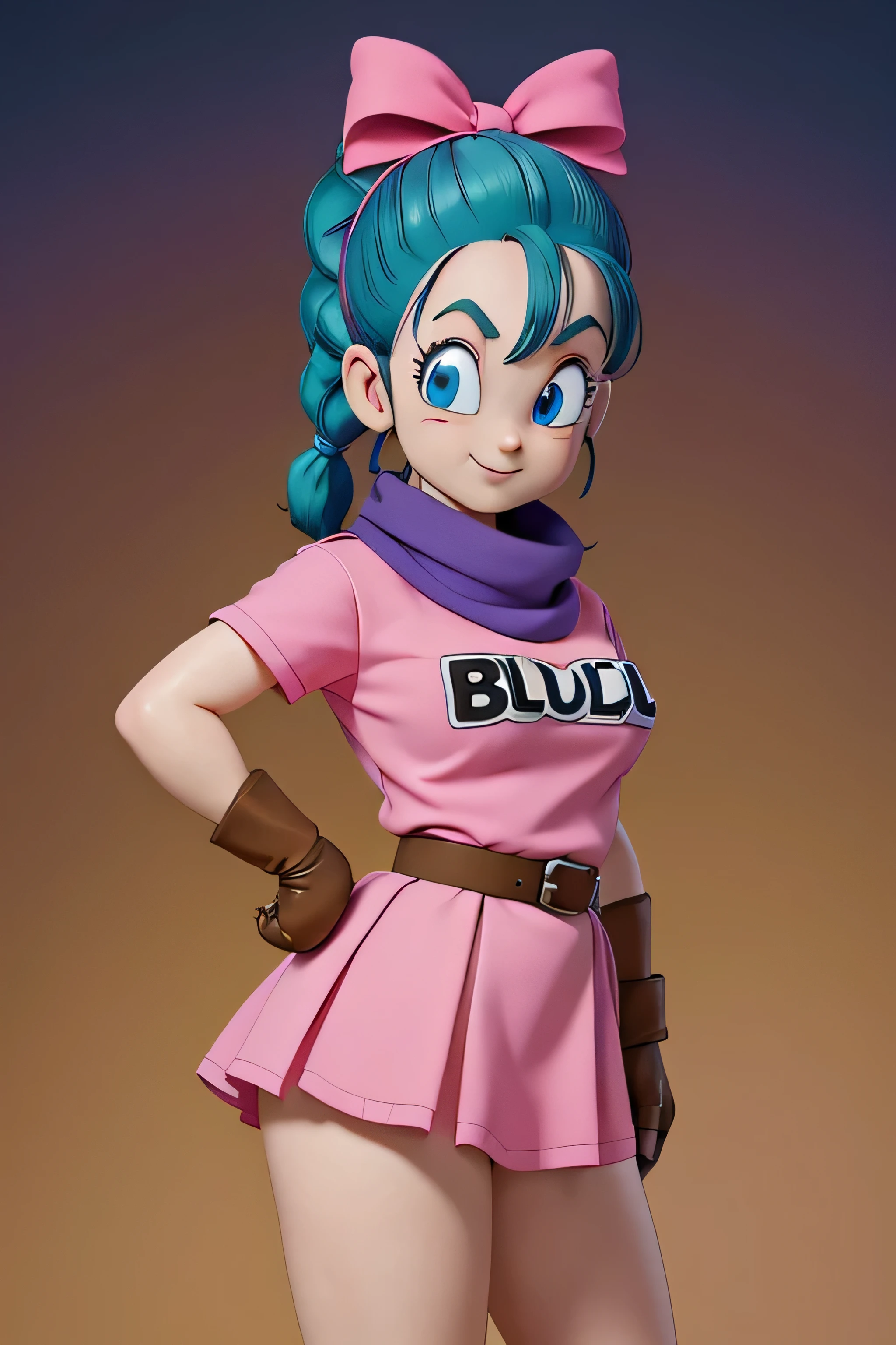 masterpiece, best quality, high resolution, dragon ball, blmpony, aqua hair, hair ribbon, braided ponytail, pink shirt, belt, scarf, pink skirt, clothes writing, brown gloves, medium breasts, in back pose, back wards looking camera, smile, show her booty, show ass, ultra mini dress,Anime,bulma (WIND LIFTING HER SKIRT) (detailed:1.3), ultra high res, ultra detailed, Highly detailed face and skin texture, detailed eyes ( FULL BODY) 1girl.