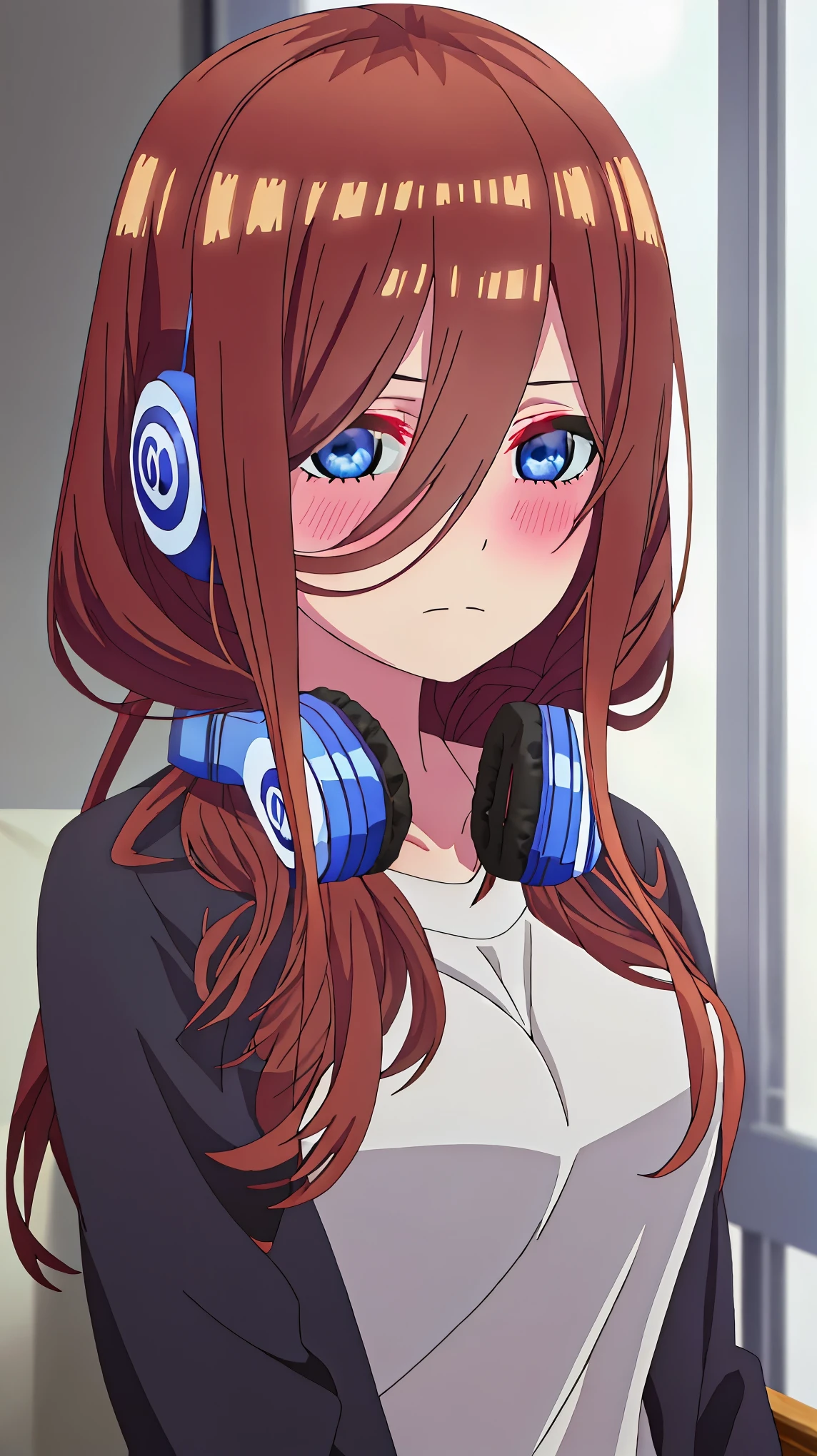 best quality, masterpiece, highres, solo, {nakano_miku_gotoubunnohanayome:1.15}, long_hair, brown_hair, bangs, hair_between_eyes, blue_eyes, headphones_around_neck, headphones, blush, closed_mouth, shiny_hair, 1girl, looking_at_viewer, shiny, portrait, indoors