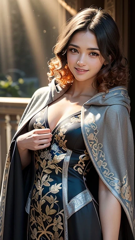 ((best quality: 1.5)) ((masterpiece: 0.8)), intricate details, sharp focus, professional, photorealistic, real life, realistic representation of the face, ((((solo, 1girl) muscular assassin, golden hour, (smiling, god rays, [flat chest:medium breasts:0.8])))) dynamic action pose, homely face, in the style of realistic and hyper detailed renderings, mountain top, evening, setting sun, solo, BREAK; BREAK (((ginger curly hair))), (blemish: 0.7), ((fujicolor)), BREAK; BREAK ((((looking down, (matte black silver chinoiserie summer dress), cloak)), photorealistic, hyper-realistic))