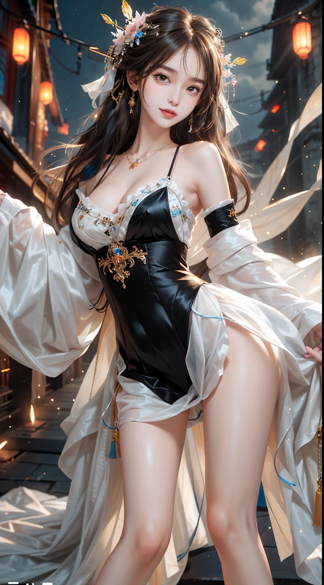 ((full body)), ((leaning forward)), ((Random shooting angle)), ((bare shoulders)), ((realistic)), ((The hemlines are very short)), ((Big , cleavage)), 1girll, posed for photo, Outdoor scene, the night, lamplight, Stand up, Pleasing posture, Eye-catching poses, pretty legs, looking at viewert, Detailed scenes, curlies, Air bangs, Beautiful hair accessories, Brownish-yellow hair, light make-up, Blushlush, Gloss on lips, (Campus style), warm lights, a warm color palette, Detailed details, Super detailed, (tmasterpiece, best qualtiy), (An extremely delicate and beautiful work), Delicate earrings, Delicate necklace, Simple blurred background, Extreme detail description, Ultra-fine painting, Delicate face, slim toned body, Slimming the waist, (grin, happy grin, Baring teeth), (anatomy correct)