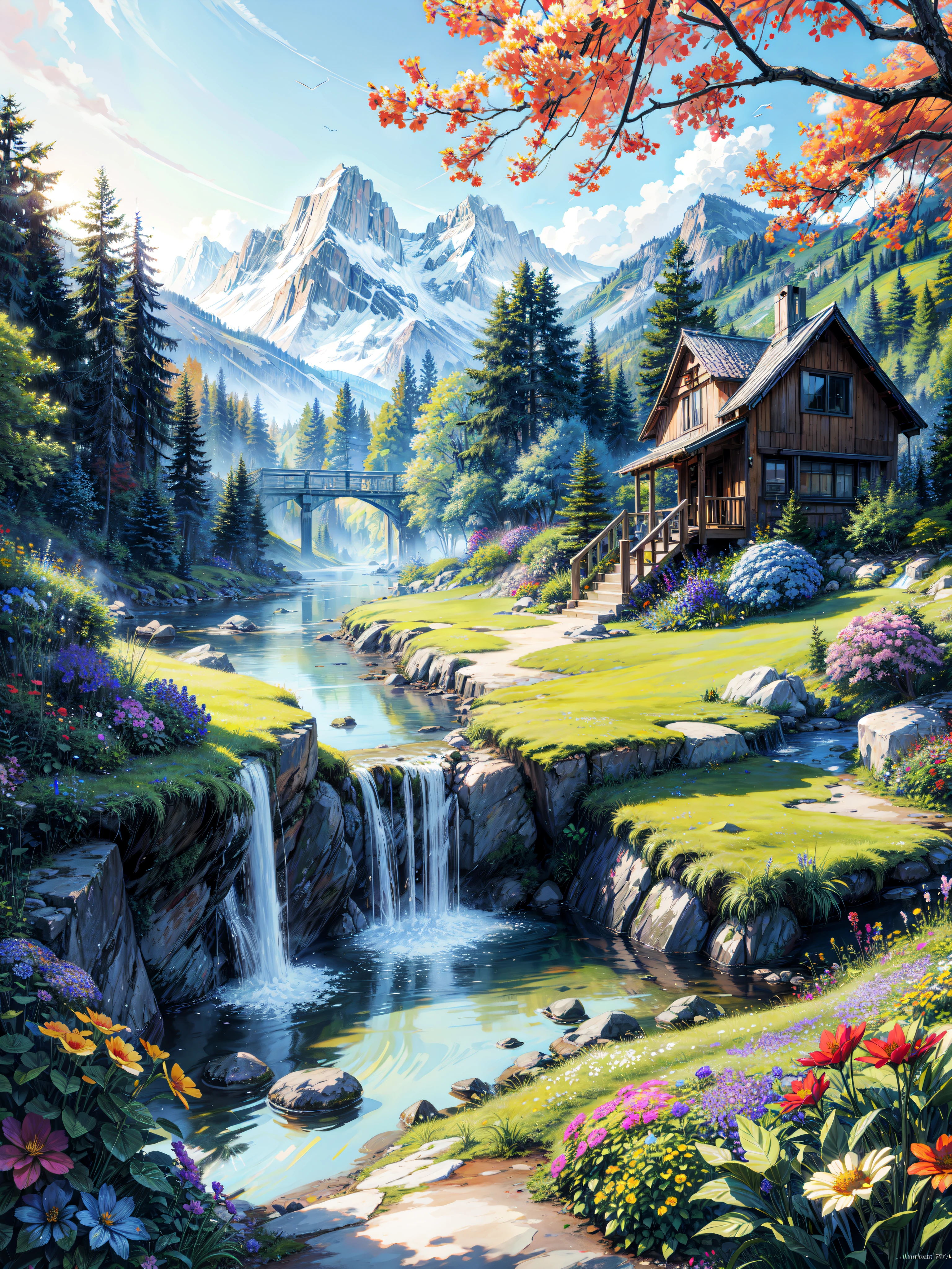 painting of a mountain garden paradise, beautiful scenery,bushes, ((colorful flowers:1.2)), sunlight over grass and flowers, dew, ((glistening look)), ((blue)) color stream water,waterwheel,dusk,waterfall,4k hd, cloud,beautiful art uhd 4 k, a beautiful artwork illustration, beautiful digital painting, highly detailed digital painting, beautiful digital artwork, detailed painting 4 k, very detailed digital painting, rich picturesque colors, gorgeous digital painting