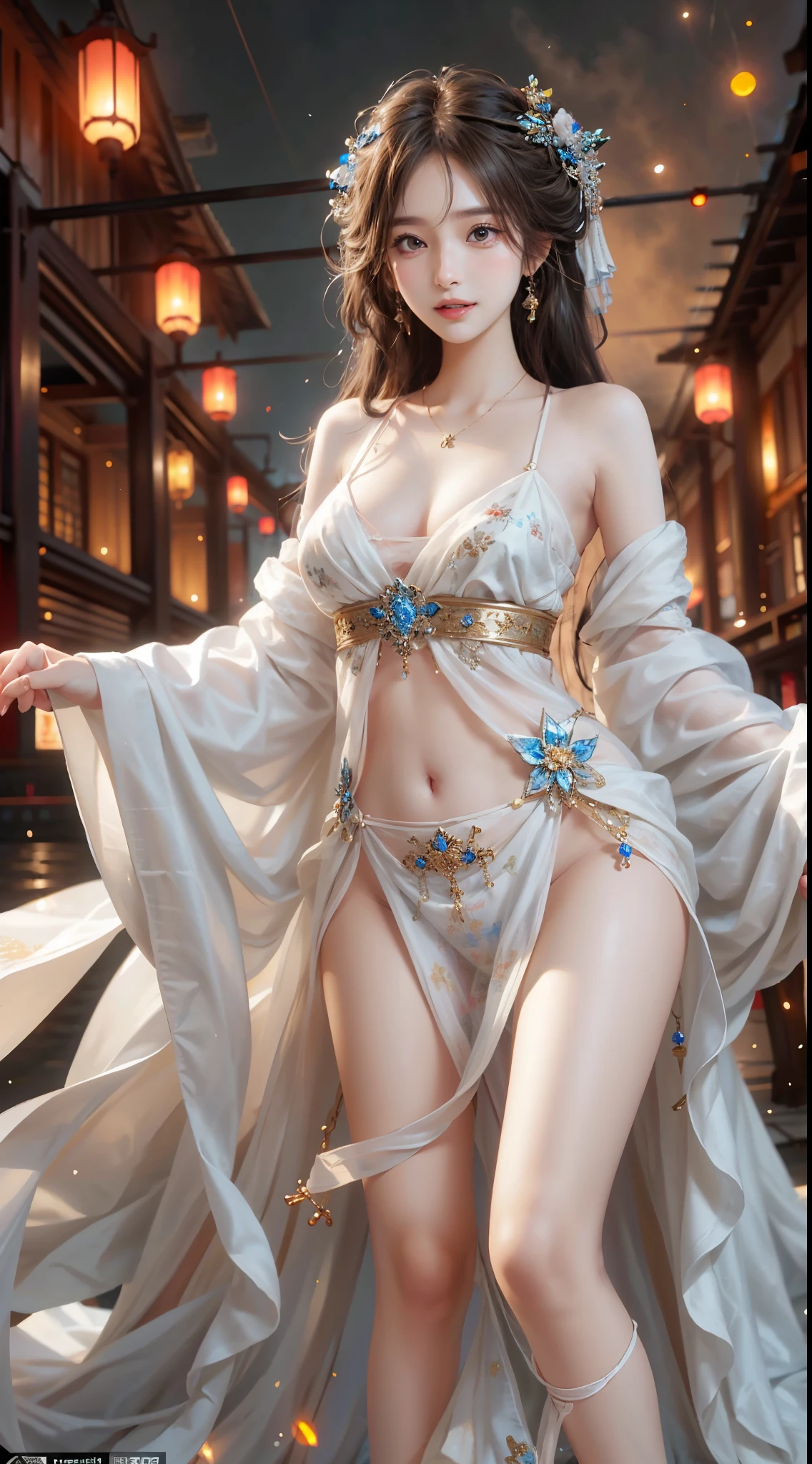 ((full body)), ((leaning forward)), ((Random shooting angle)), ((bare shoulders)), ((realistic)), ((The hemlines are very short)), ((Big , cleavage)), 1girll, posed for photo, Outdoor scene, the night, lamplight, Stand up, Pleasing posture, Eye-catching poses, pretty legs, looking at viewert, Detailed scenes, curlies, Air bangs, Beautiful hair accessories, Brownish-yellow hair, light make-up, Blushlush, Gloss on lips, (Campus style), warm lights, a warm color palette, Detailed details, Super detailed, (tmasterpiece, best qualtiy), (An extremely delicate and beautiful work), Delicate earrings, Delicate necklace, Simple blurred background, Extreme detail description, Ultra-fine painting, Delicate face, slim toned body, Slimming the waist, (grin, happy grin, Baring teeth), (anatomy correct)