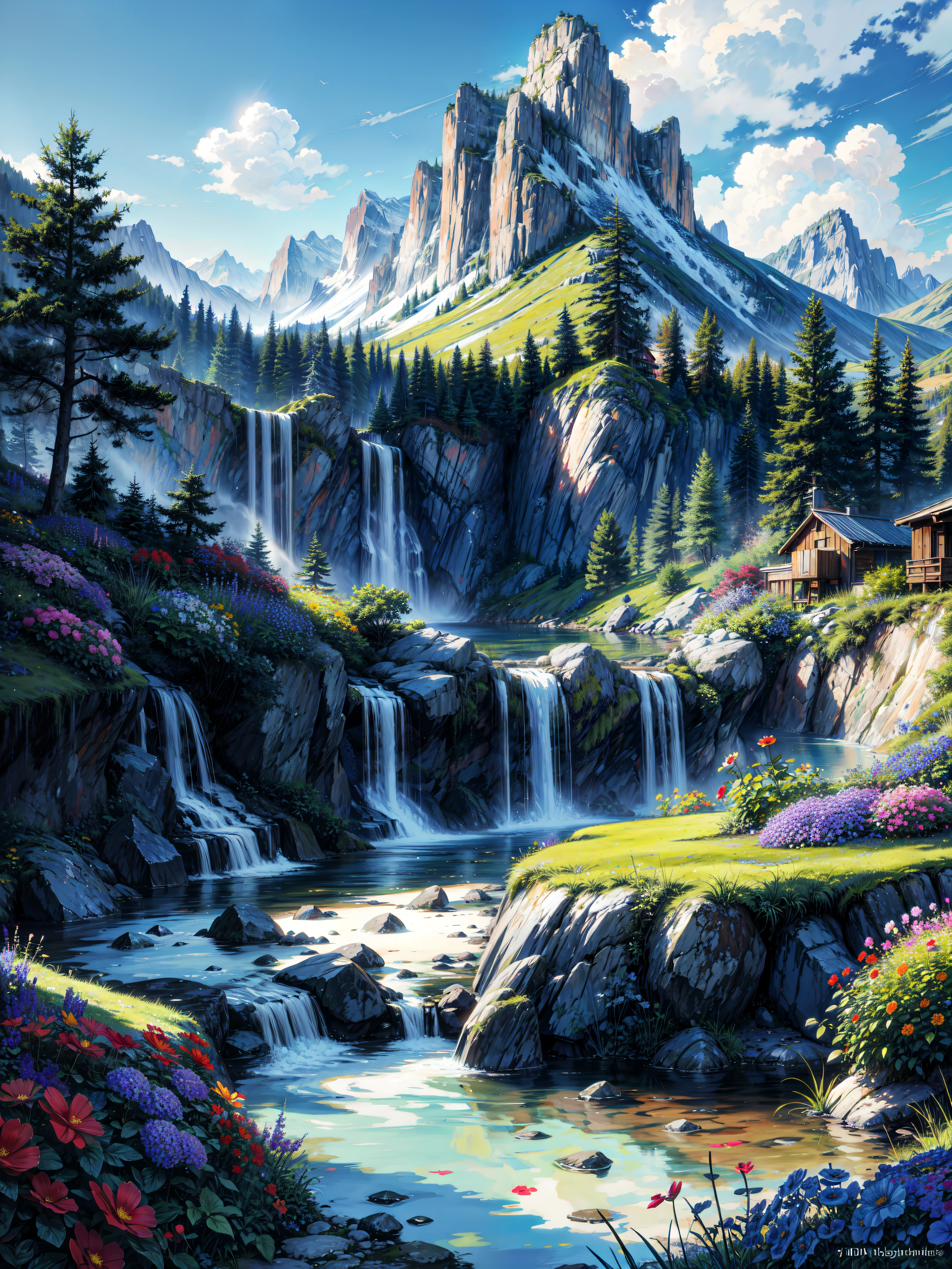painting of a mountain garden paradise, beautiful scenery,bushes, ((colorful flowers:1.2)), sunlight over grass and flowers, dew, ((glistening look)), ((blue)) color stream water,waterwheel,dusk,waterfall,4k hd, cloud,beautiful art uhd 4 k, a beautiful artwork illustration, beautiful digital painting, highly detailed digital painting, beautiful digital artwork, detailed painting 4 k, very detailed digital painting, rich picturesque colors, gorgeous digital painting