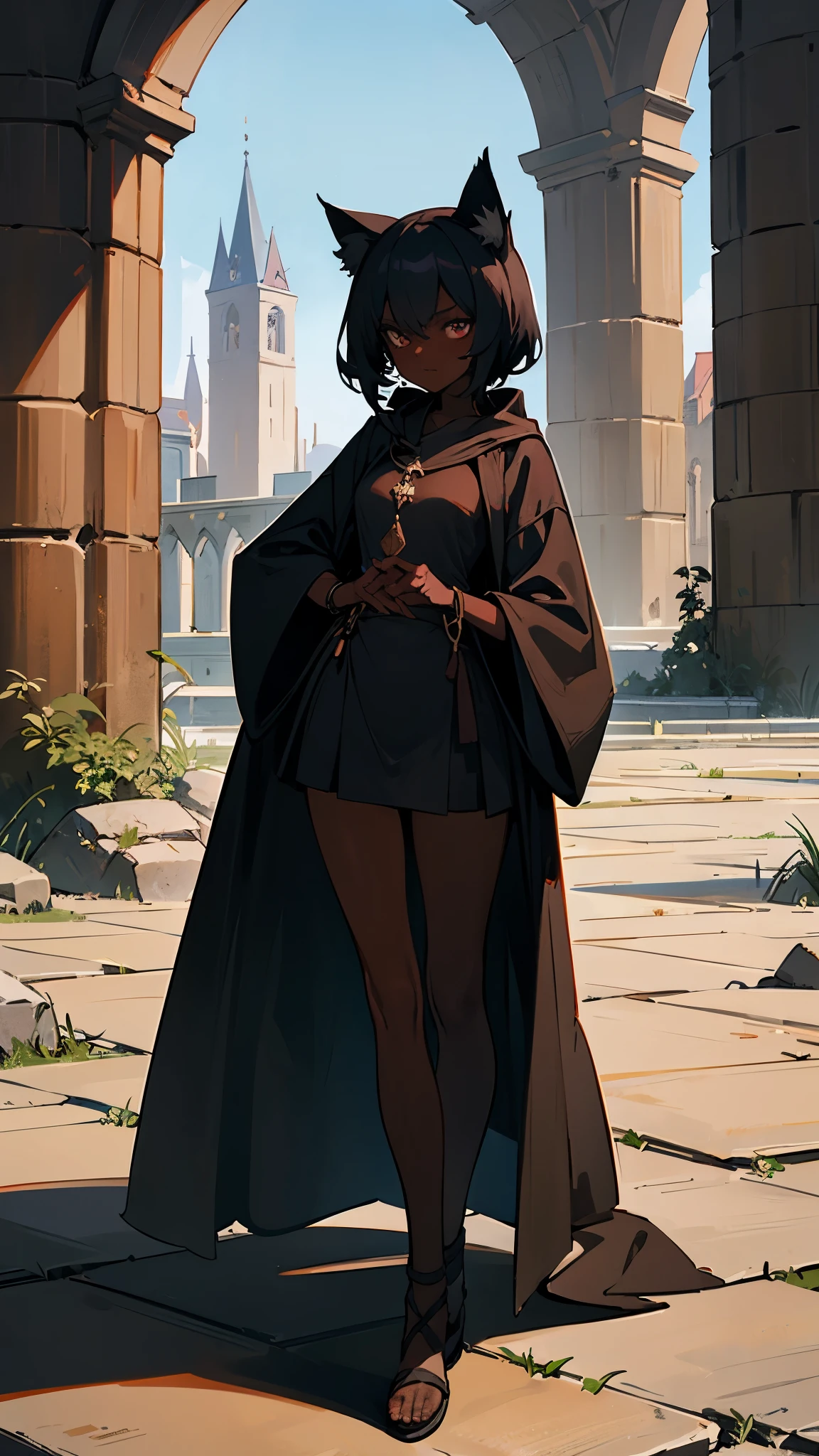 1 broody catgirl in black robes and short skirt, dark skin, feet in sandals, medieval ruins background