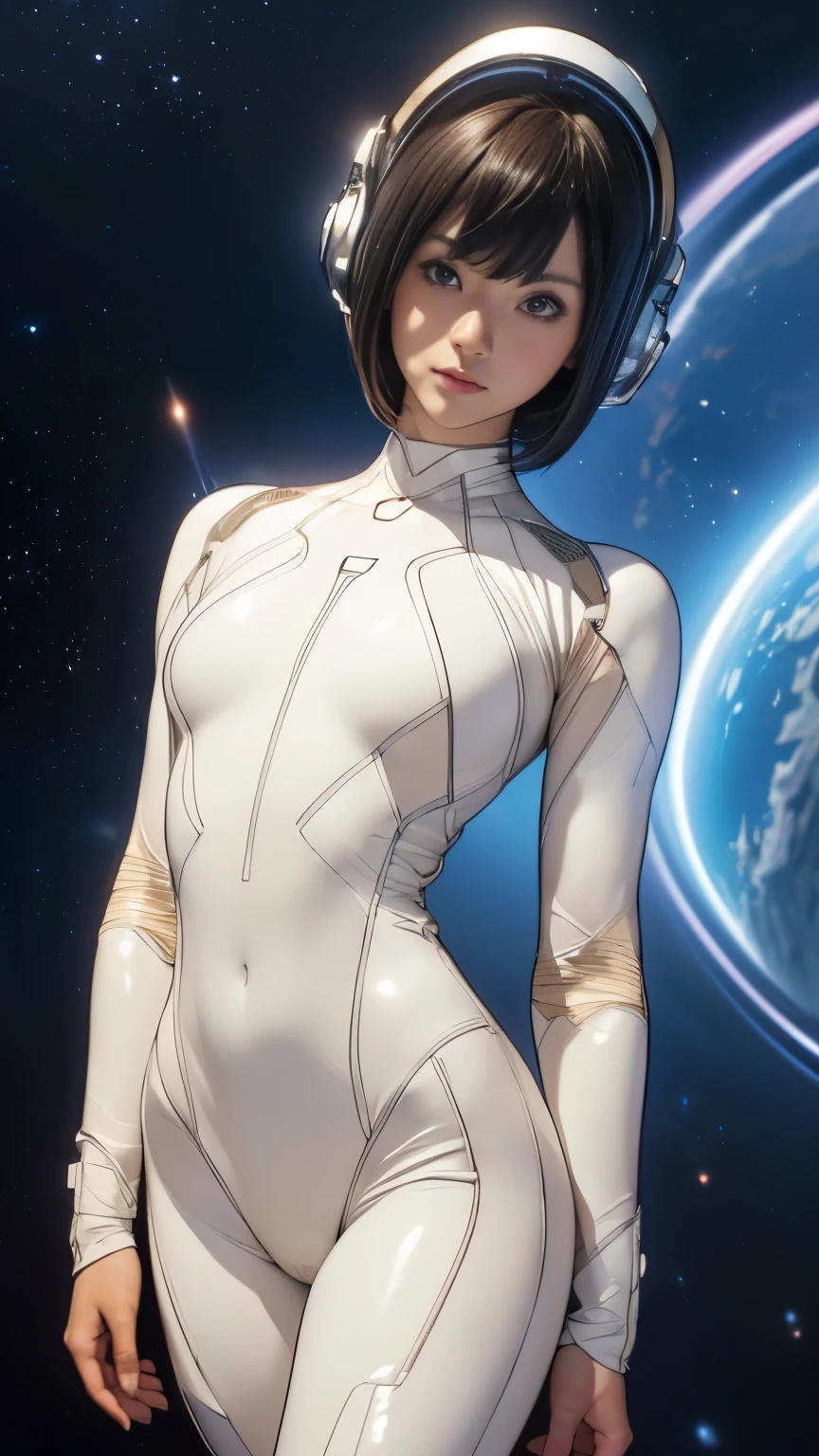 (masterpiece、highest quality、highest resolution、clear_image、Detailed details): (full body figure、15 year old girl、Japanese face、small face、thin、navy blue super short bob cut hair、blue colored eyes、((navy long sleeve space suit、space helmet))、headset、cosmic handbag、cute type、gentle smile、soft expression、headset、(((knee high boots)))、gloves up to the elbow、eye level shot、face directly、woman on a spaceship), (((camel toe))), ((Pure white leotard))