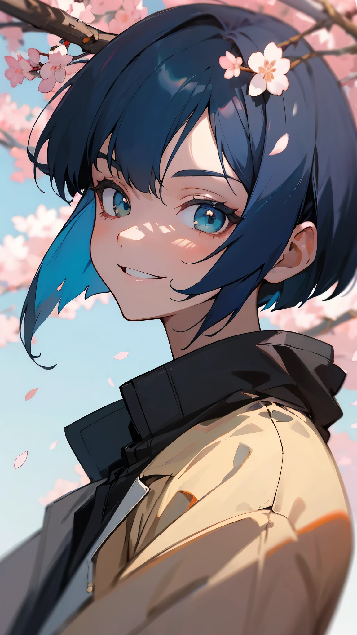  girl、riders jacket、dark blue hair、bob hair、green round eyes、evil smile、Blue and orange tones、anime painting、From the side、evil smile、Cherry blossom park、blue sky、upper body close-up、sharp outline