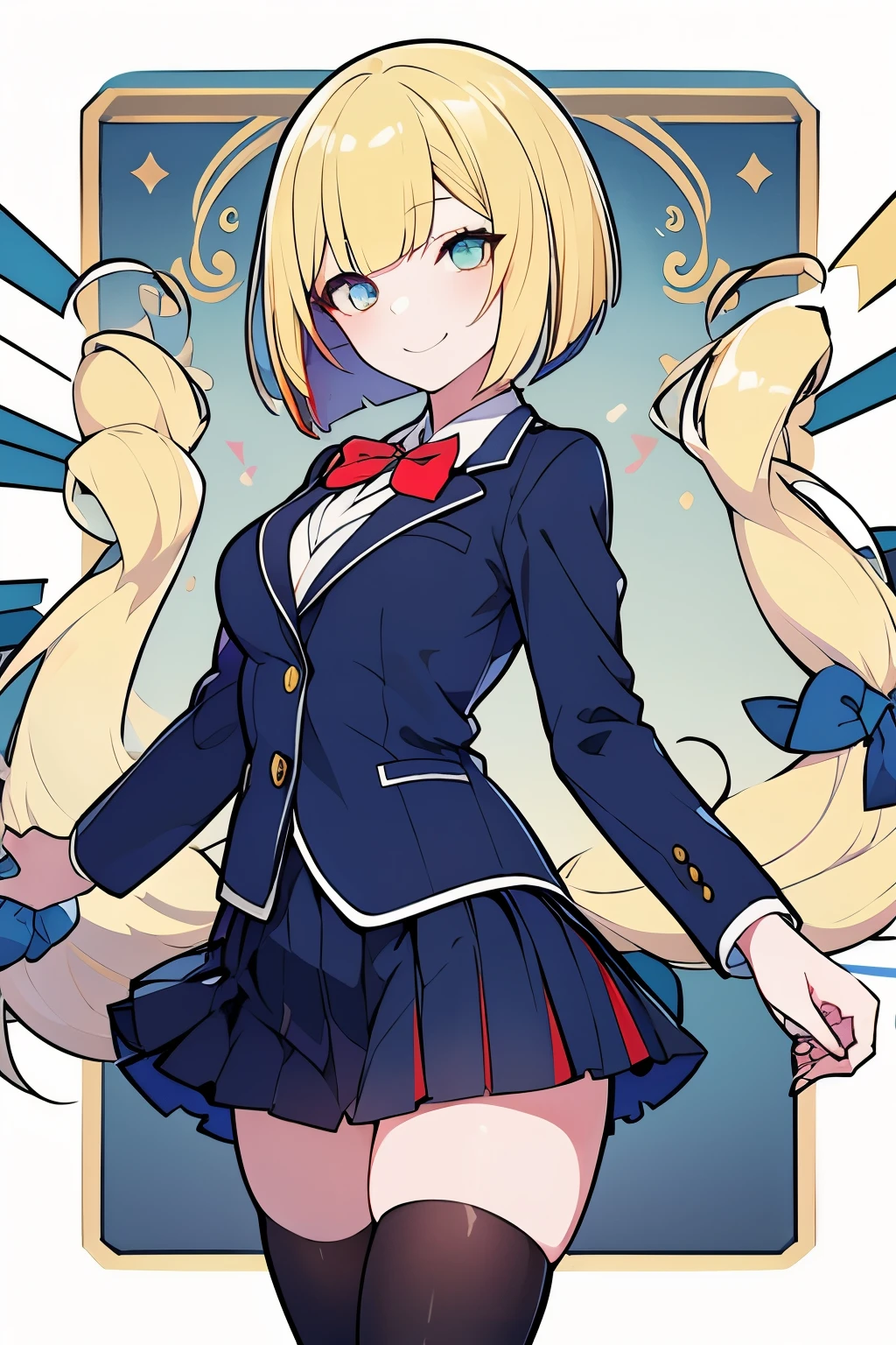 ((best quality)), ((work of art)), (detailed), perfect face, blond_hair ((Bob hair)), smiling, blue_eye, tilted forward, arms behind the back, school clothes, black blazer, thigh-length skirt, hands hidden, better quality, detalhed.