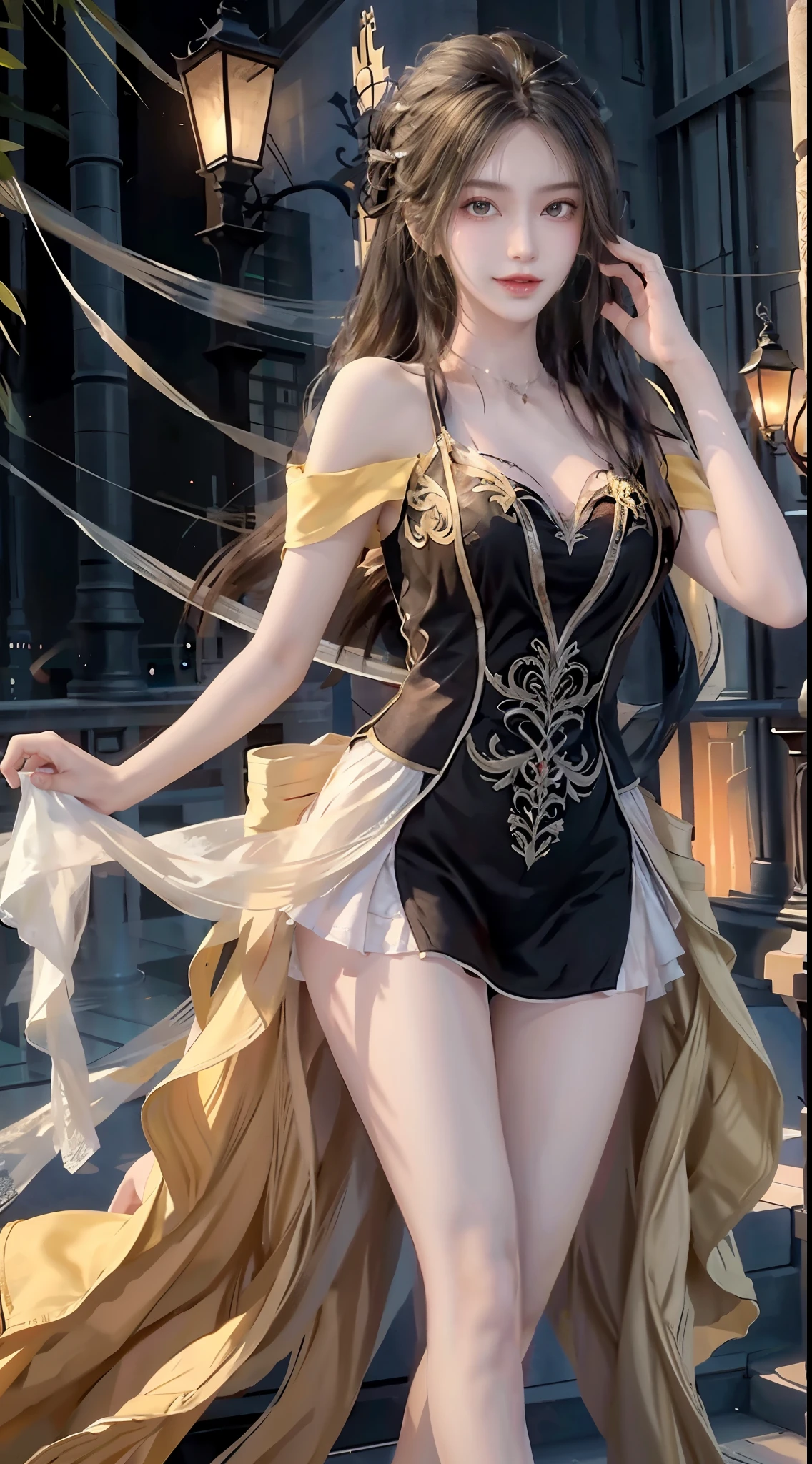  ((full body)), ((leaning forward)), ((Random shooting angle)), ((bare shoulders)), ((realistic)), ((The hemlines are very short)), ((Big , cleavage)), 1girll, posed for photo, Outdoor scene, the night, lamplight, Stand up, Pleasing posture, Eye-catching poses, pretty legs, looking at viewert, Detailed scenes, curlies, Air bangs, Beautiful hair accessories, Brownish-yellow hair, light make-up, Blushlush, Gloss on lips, (Campus style), warm lights, a warm color palette, Detailed details, Super detailed, (tmasterpiece, best qualtiy), (An extremely delicate and beautiful work), Delicate earrings, Delicate necklace, Simple blurred background, Extreme detail description, Ultra-fine painting, Delicate face, slim toned body, Slimming the waist, (grin, happy grin, Baring teeth), (anatomy correct)