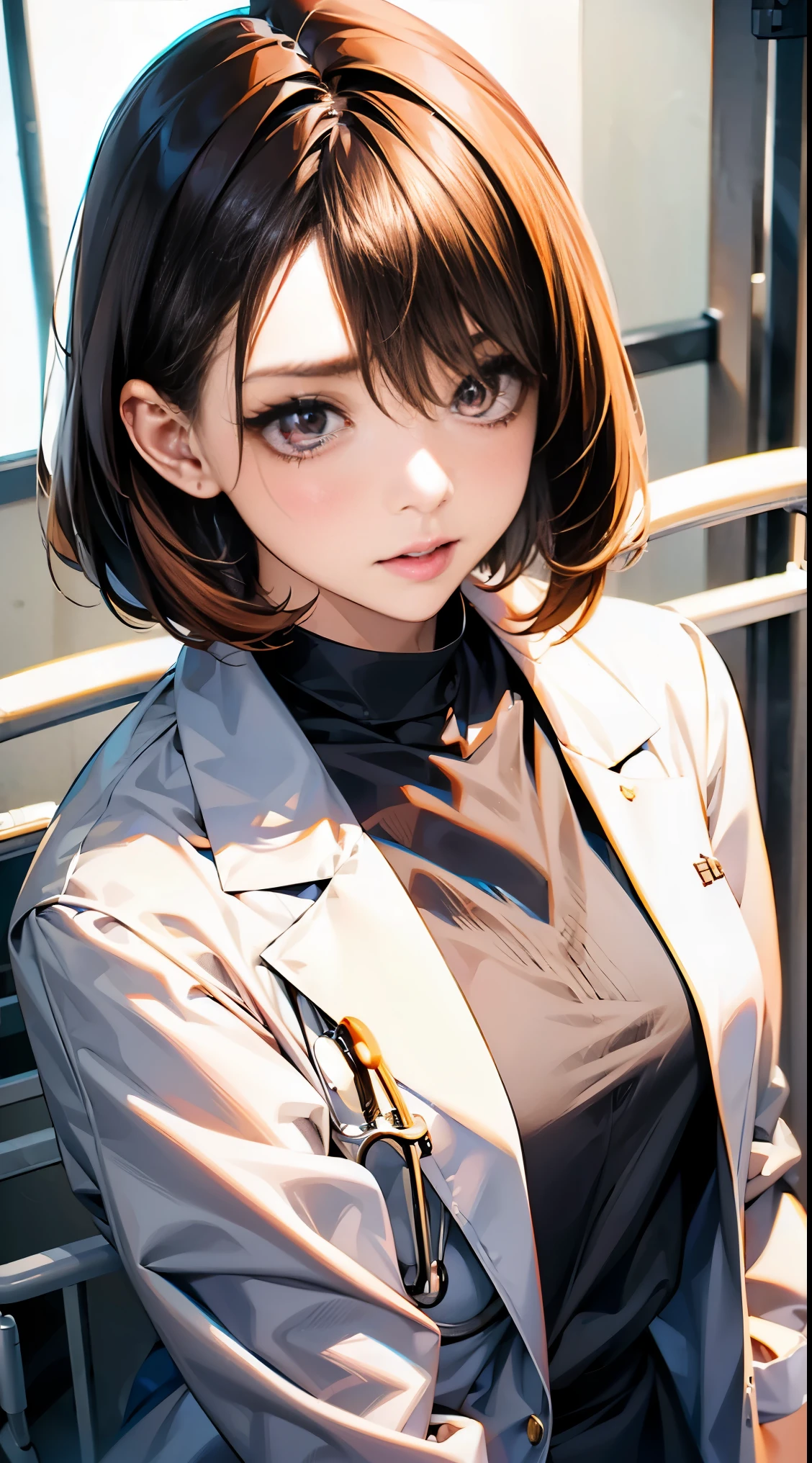 ((１people&#39;s women:1.4)), realistic beautiful doctor、amazingly beautiful、((doctor&#39;s white coat:1.8, collared shirt))、(highest quality、8k、32K、masterpiece、nfsw:1.3)、超A high resolution,(Photoreal:1.4),RAW photo, detailed face,,beautiful hair, ((doctor style)), , black tight skirt、 natural makeup,, big and full breasts、(hospital:1.9), detailed background, perfect lighting, Depth of written boundary, beautiful shadow gradation,Stethoscope:1.7, ((strong shining eyes:1.6)), While tying your hair:1.4, ((medium bob:1.6, brown hair))