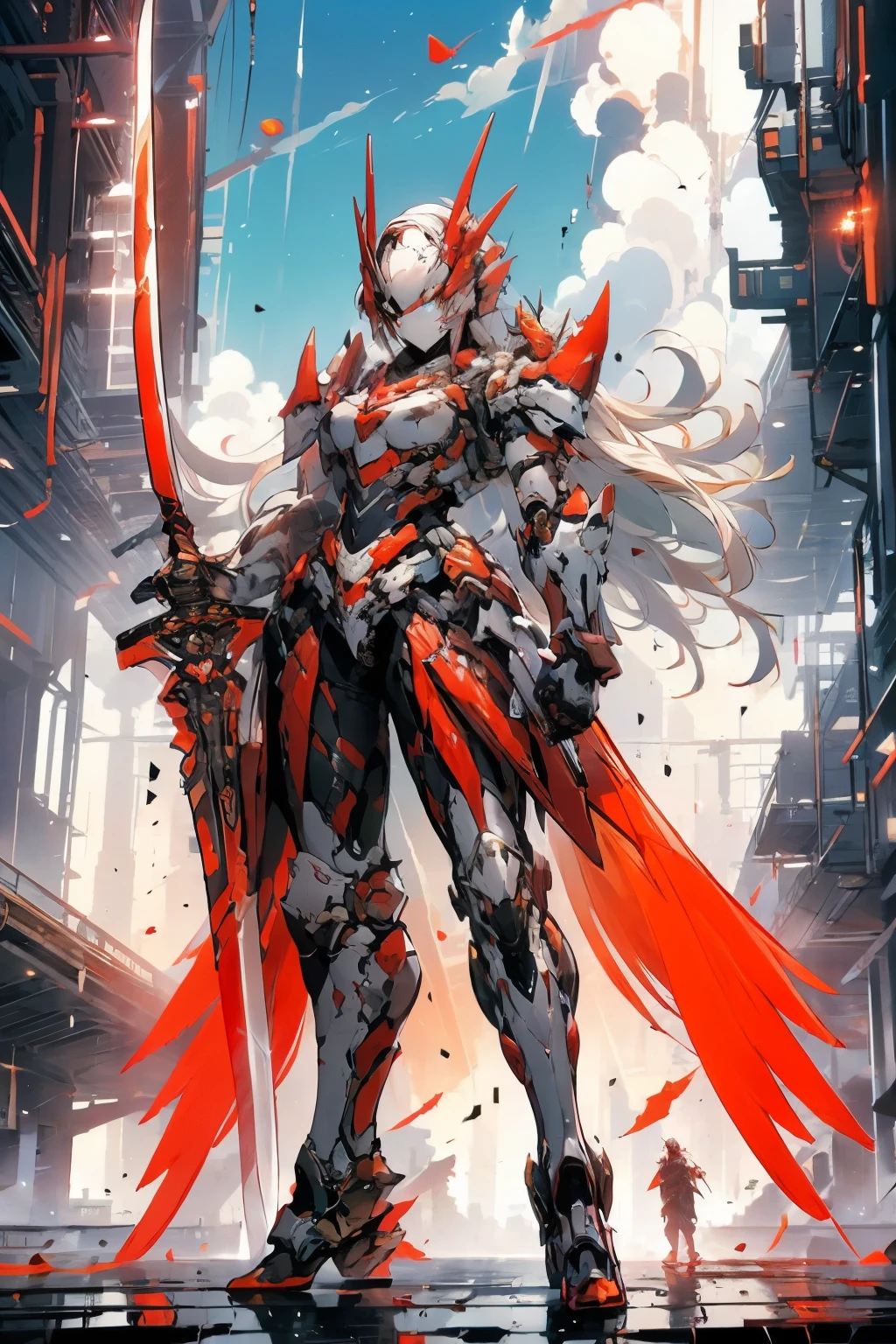 a woman with a sword and wings standing in front of a city, by Yang J, from arknights, detailed key anime art, red armor, trending on artstation pixiv, anime epic artwork, badass anime 8 k, [ trending on cgsociety ]!!, anime fantasy artwork, detailed anime artwork, blood red armor, white and red armor