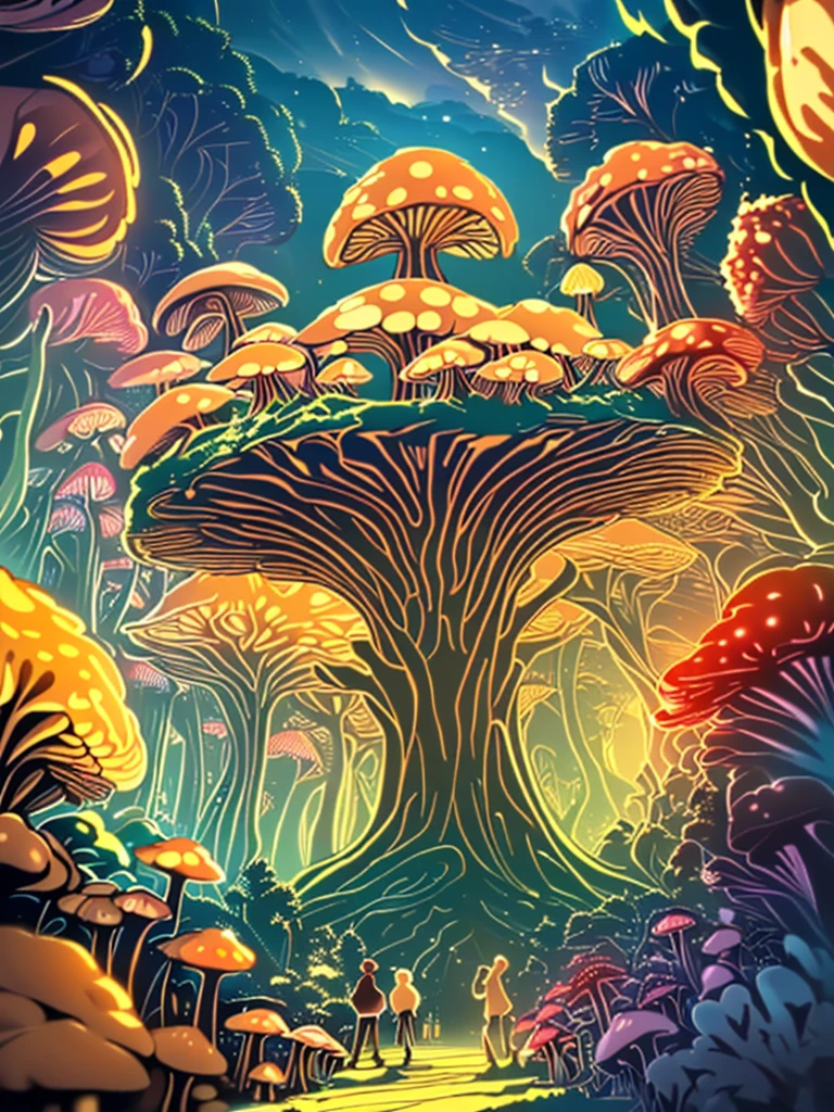 ((giant mushrooms and small people walking underneath:1.5)), ((epic and dramatic jungle landscape scene:1.5)),((Imaginative scene)),((perfect, meticulously detailed: 1.4)), ((full shot : 1.4, Dynamic Pose: 1.3), ((Best Quality)), ((Masterpiece)), 3D, (Hyper Detailed: 1.3), ((Epic Landscape: 1.3)), (Photorealistic: 1.4), ((Camera front, wide shot)), ((Low-light night movie lighting: 1.2)) .32k.