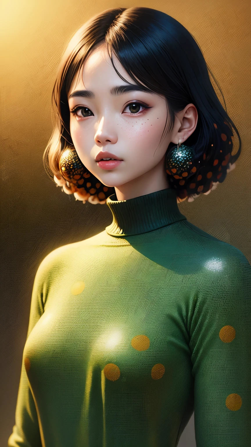 (masterpiece, best quality:1.2),illustration art，Kusama Yayoi's style，simple background，a beautiful girl，Skin detail processing，The eyes are very detailed，sweater，(((Speckled pattern)))，green，blue，White，，black