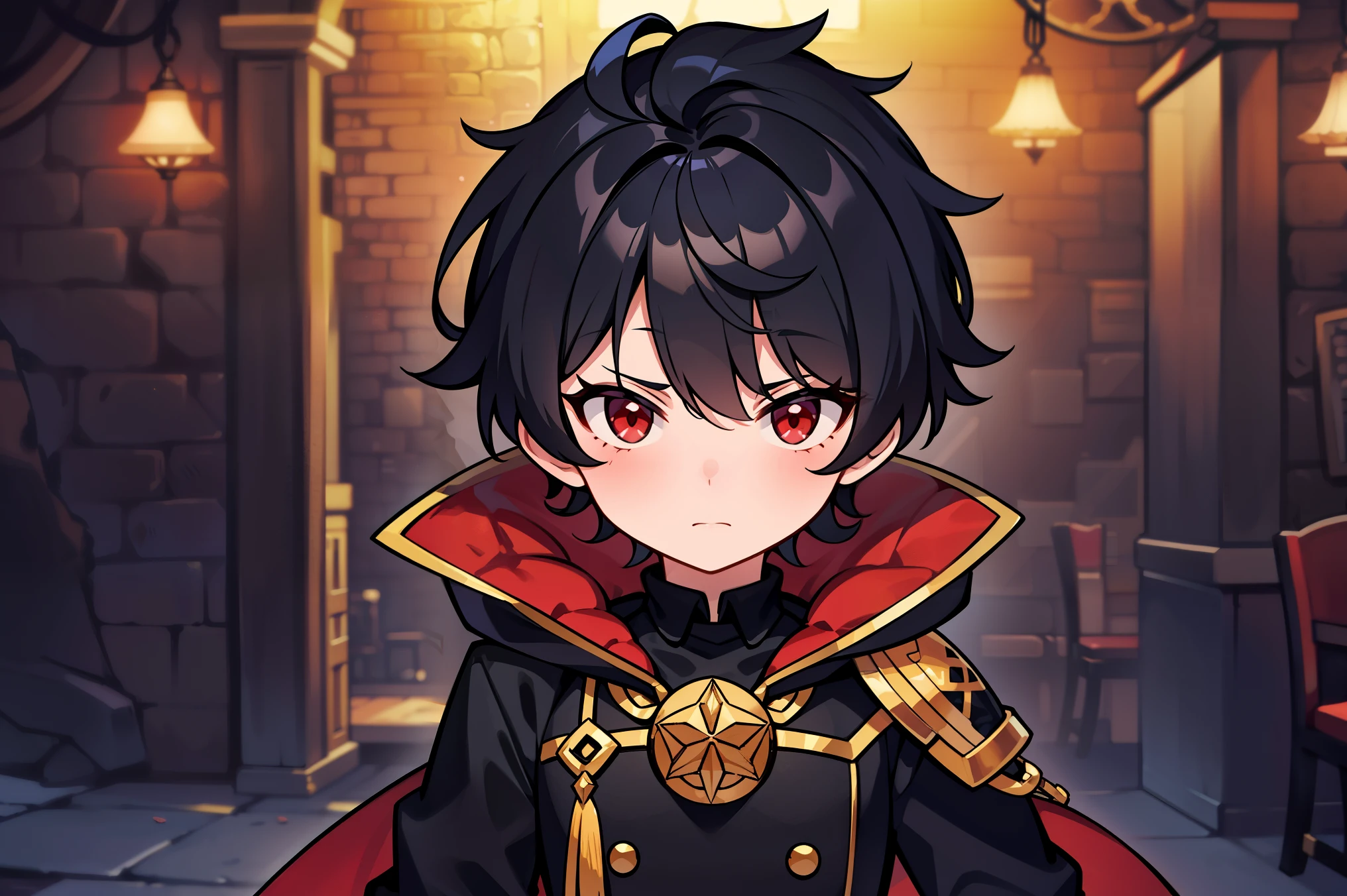 young , boy, 8 yeahort black spiky hair. red highlights, red eyes. black dancer clothes. (inside fantasy tavern), standing, fullbody, up close, Very good figure, extremely detailed, cinematic lighting, volume lighting, masterpiece, best quality